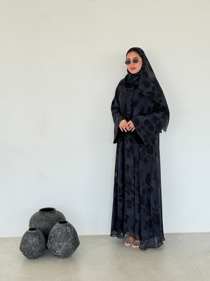 FAB216- Blue Printed A-Cut Shiffon Abaya Set