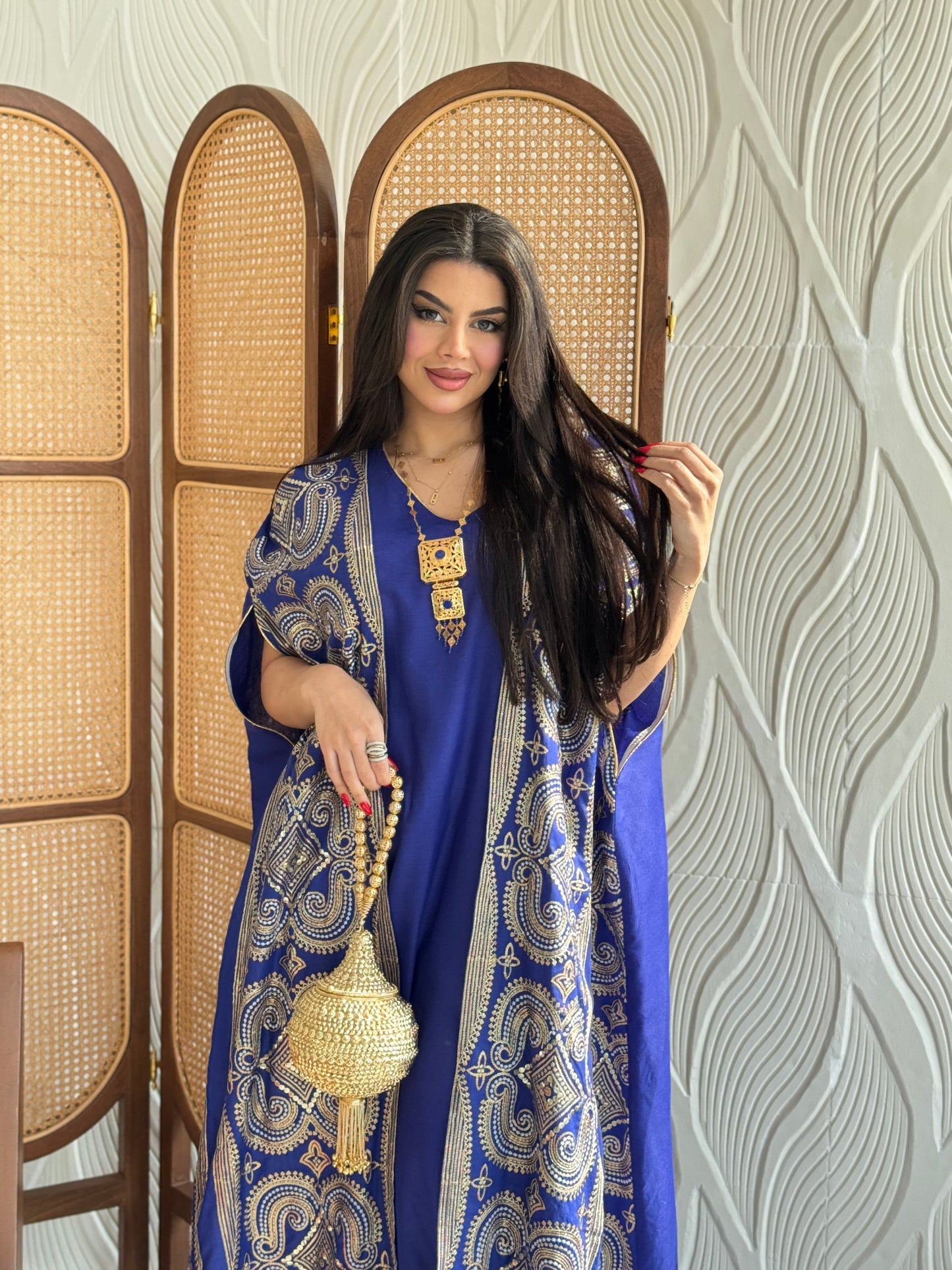 FAB275-Blue Two-Piece Linen Bisht Set, Detailed with Elegant Gold Embroidery