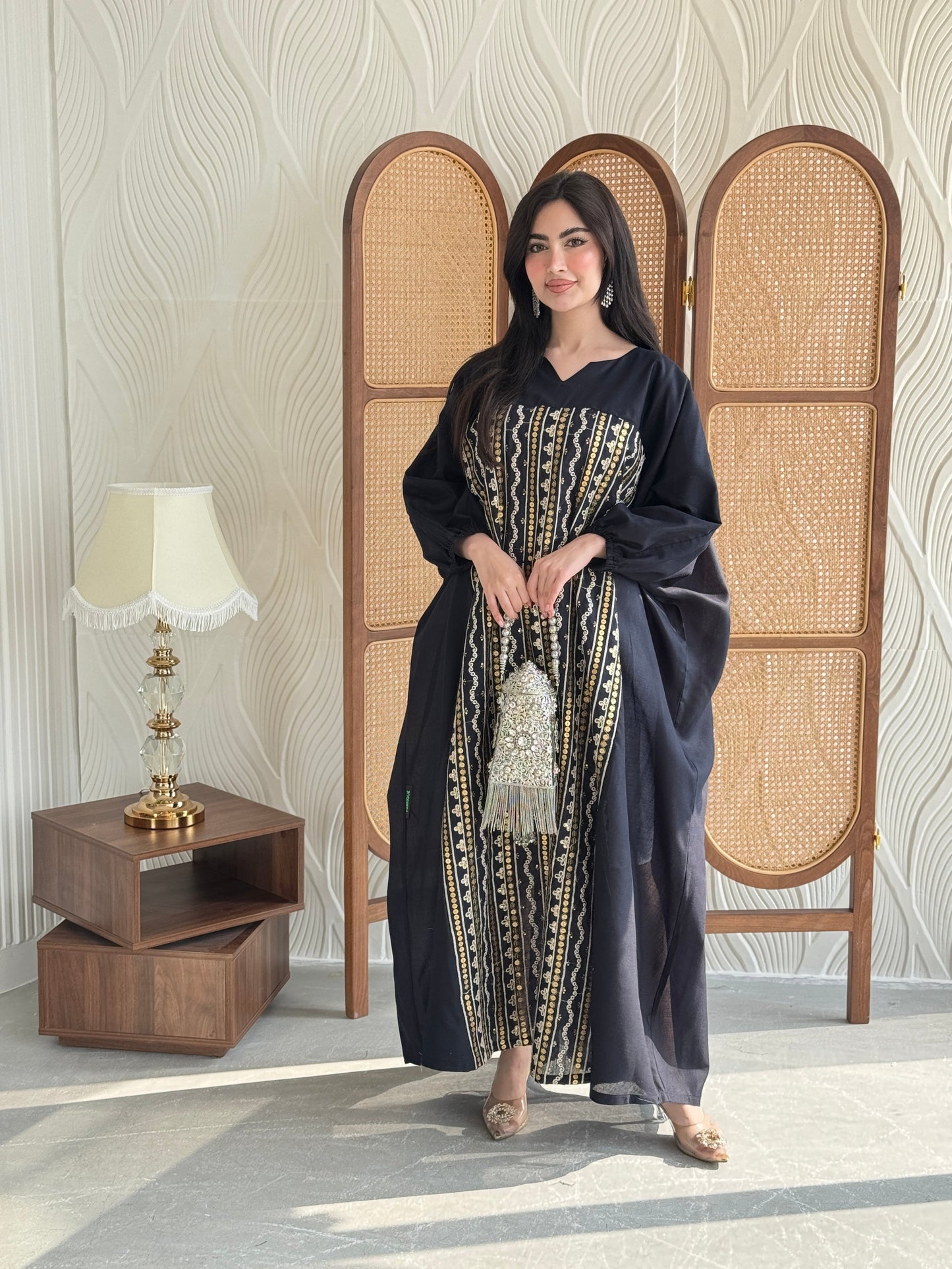 FAB265- Navy free-size linen jalabiya with elegant gold embroidery