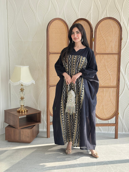 FAB265- Navy free-size linen jalabiya with elegant gold embroidery