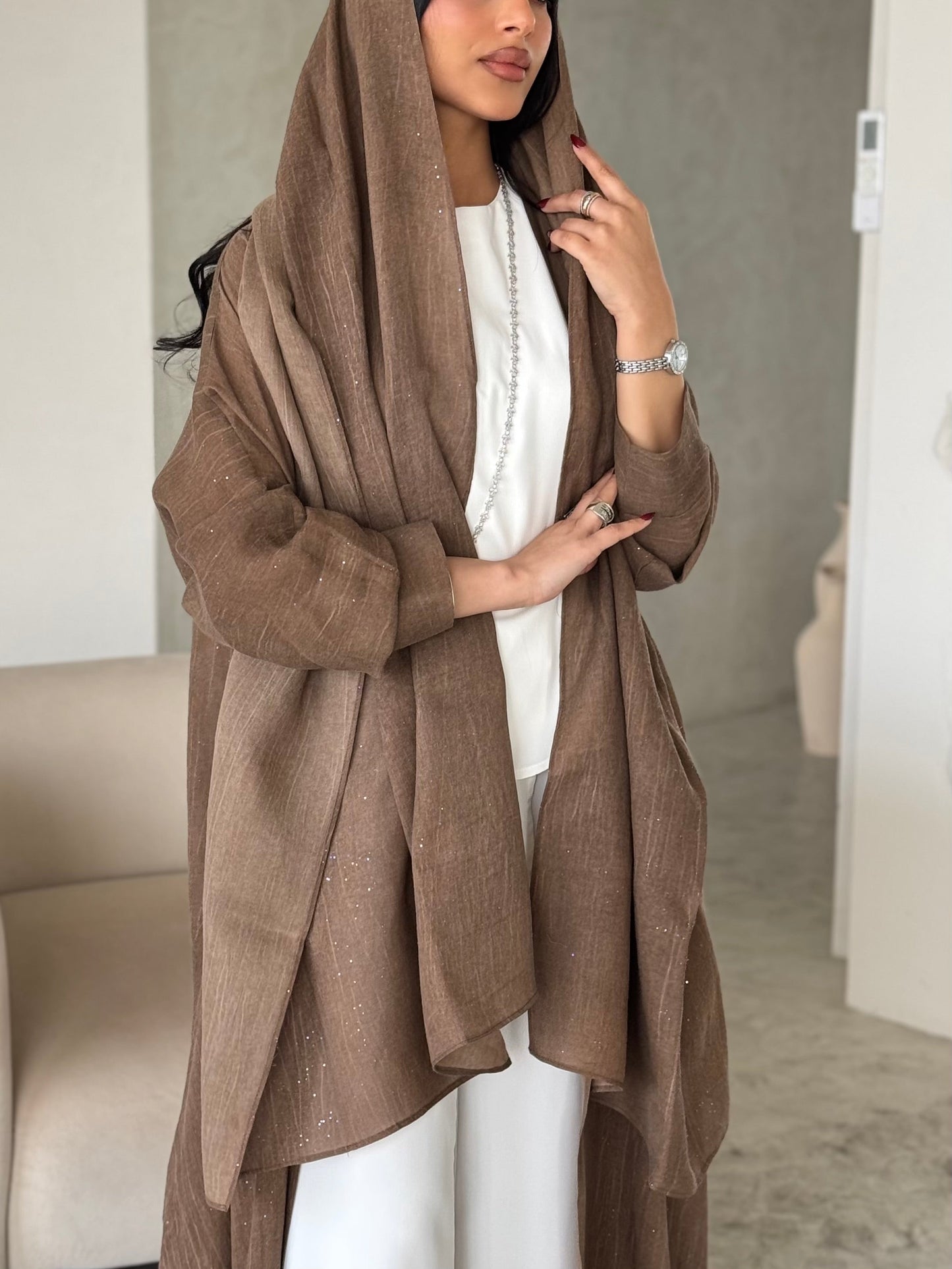 FAB170- Camel Linen Glitter A-Cut Abaya Set