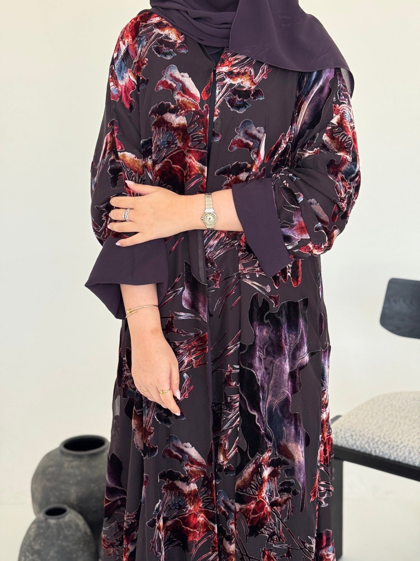 FAB231- Dark Purple Chiffon with Velvet Print Abaya with headscarf