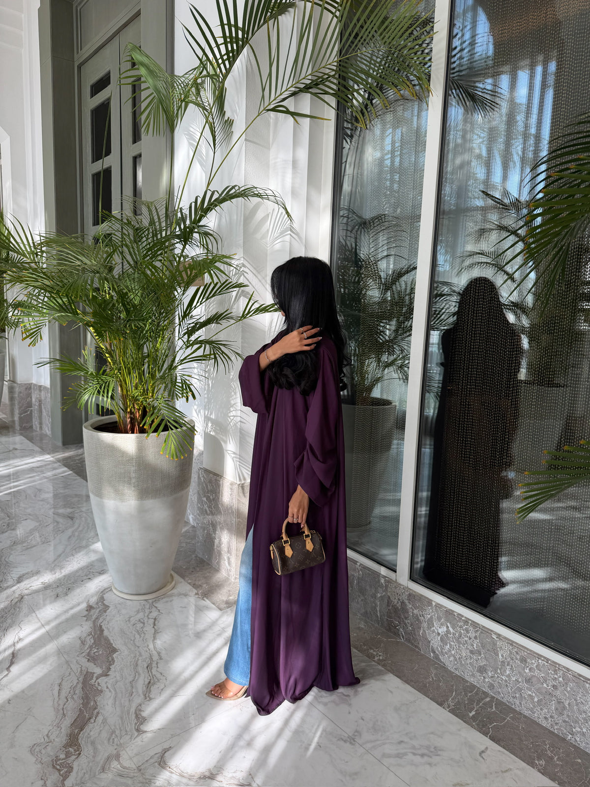 FAB329-Purple Basic Light Stripped Printed Klosh Abaya Set