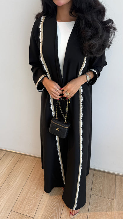 FAB326- Beige Black Crochet Crepe A-Cut Abaya with matching headscarf