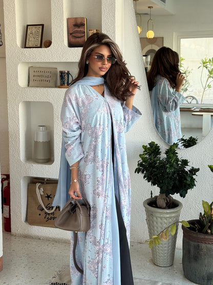 FAB299- Pink and Blue Lace and Linen Summer A-Cut Abaya