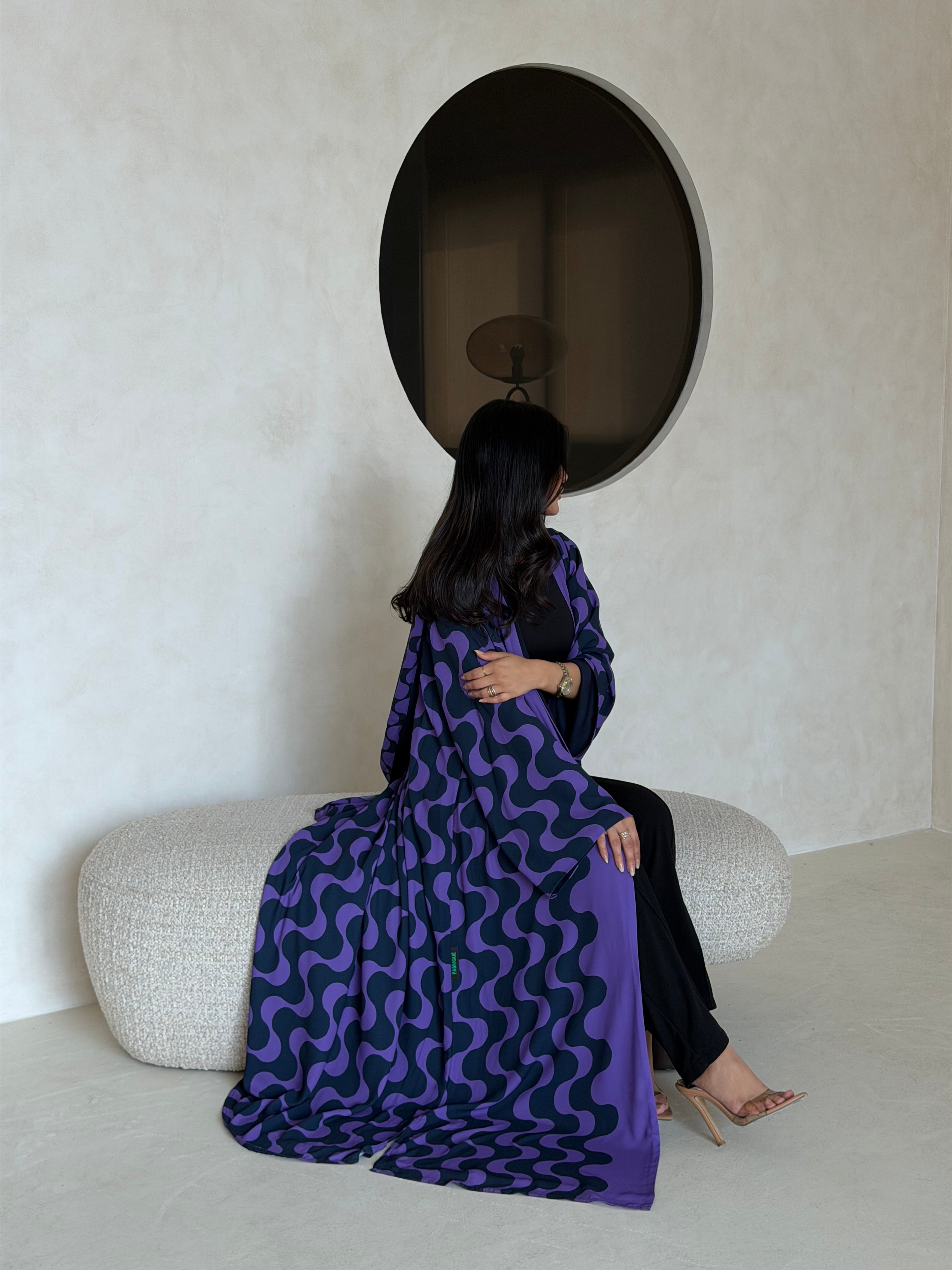FAB345- Purple Blue Waves Printed Straight-Cut Abaya and matching headscarf