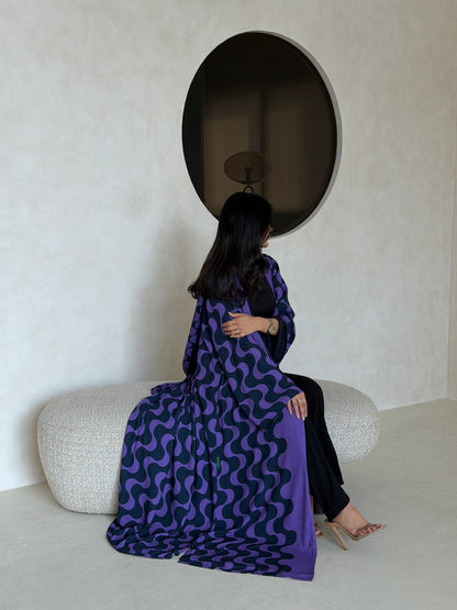 FAB345- Purple Blue Waves Printed Straight-Cut Abaya and matching headscarf