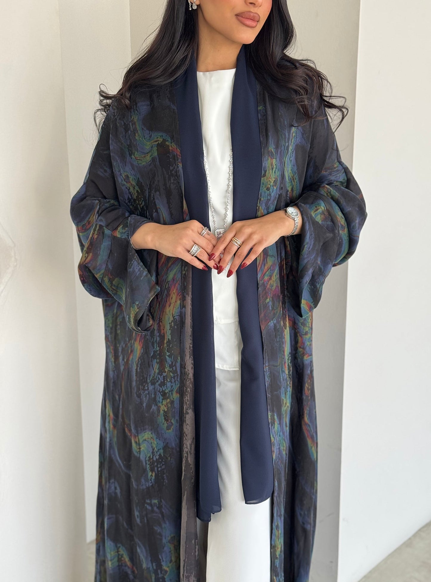 FAB155-Rainbow Marble Jacquard A-Cut Abaya