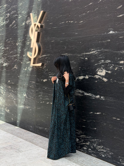 FAB341-Black Green Embroidery Half-Bisht Cut Abaya with Fitted Black Stretch Sleeves and matching headscarf