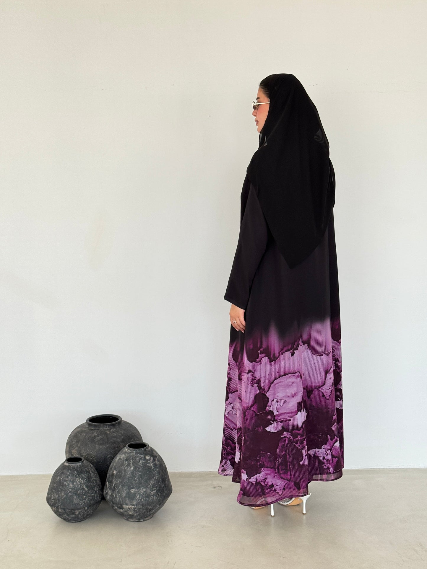 FAB212- Blue Ombre Waves print Shiffon A-cut Abaya with headscarf