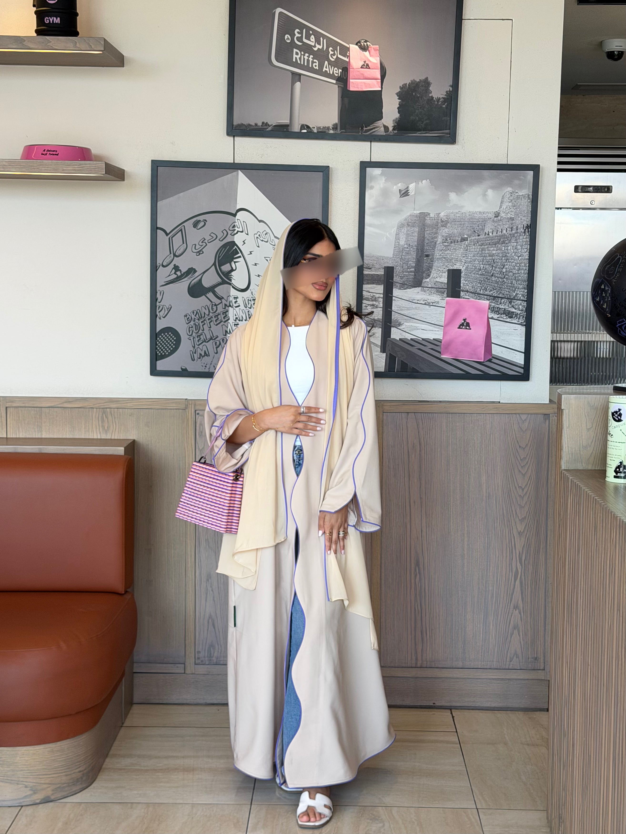 FAB318- Beige crepe swirl-cut abaya with purple piping abaya and headscarf