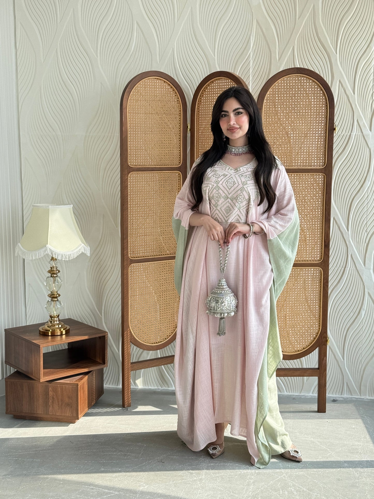 FAB256- Pink and Green Two-sided embroidered Linen butterfly cut jalabiya