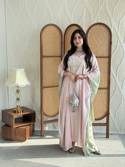 FAB256- Pink and Green Two-sided embroidered Linen butterfly cut jalabiya
