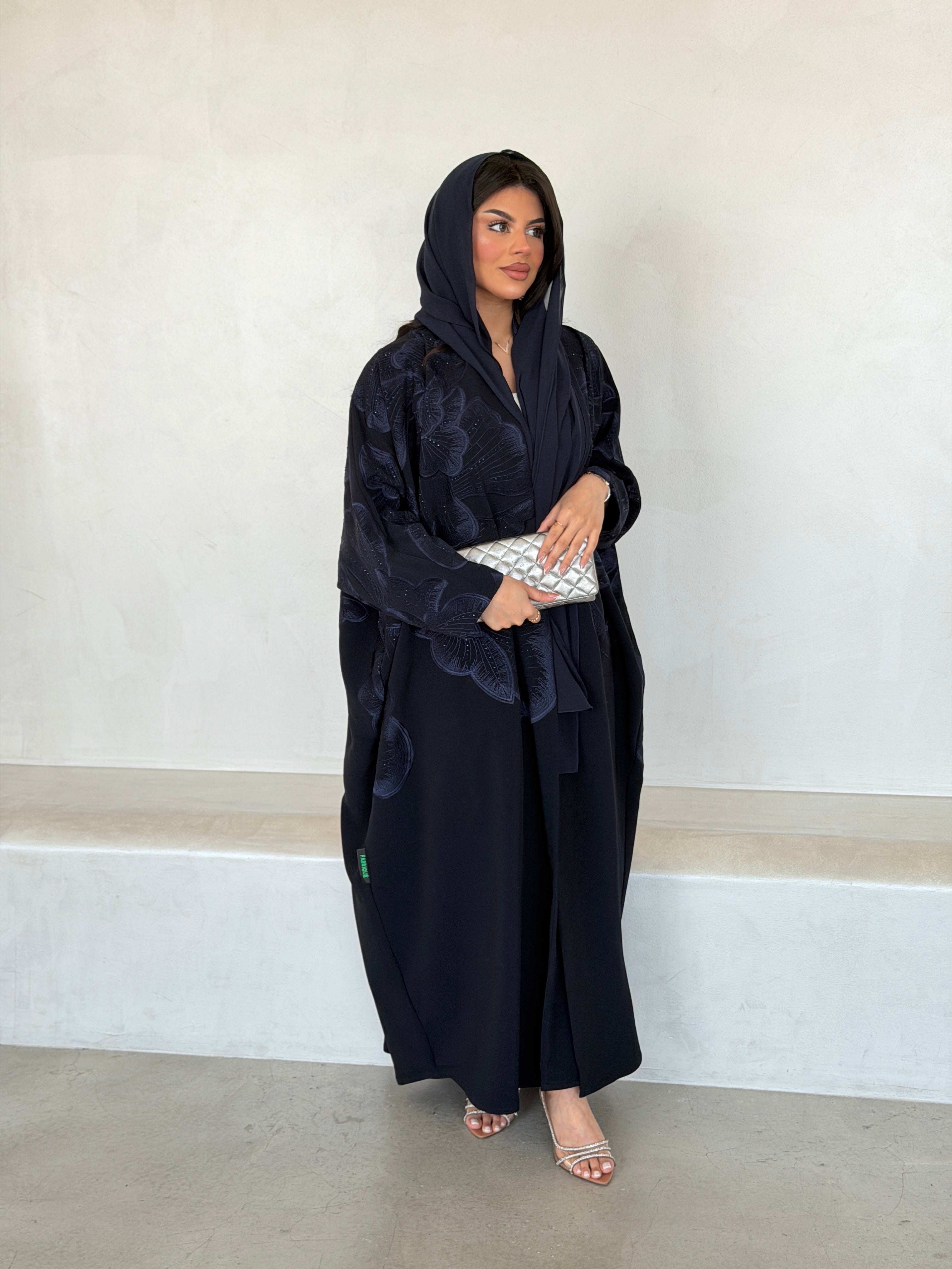 FAB298- Navy Blue Crystal Embroidered Half Bisht Cut Crepe Abaya