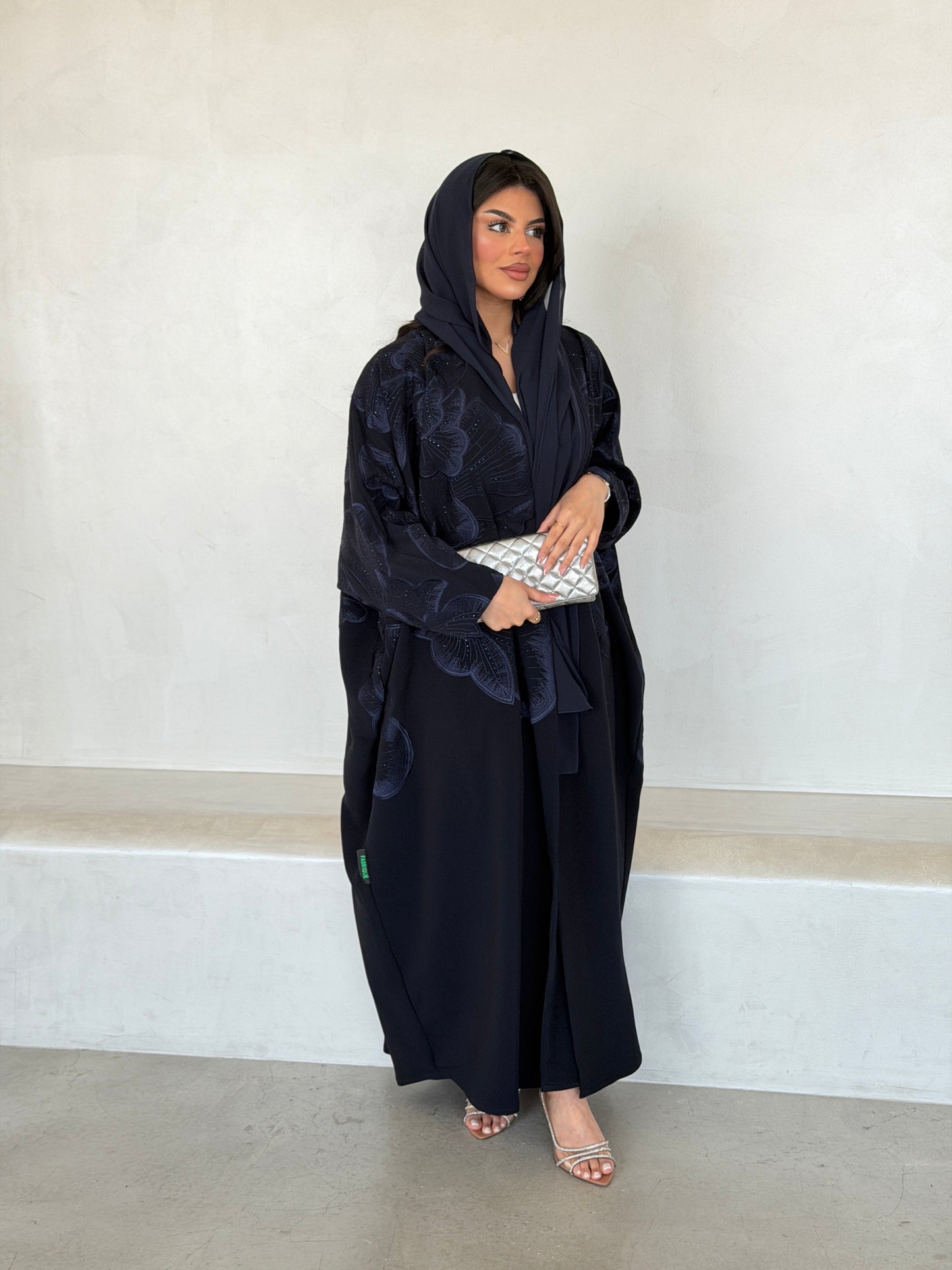 FAB298- Navy Blue Crystal Embroidered Half Bisht Cut Crepe Abaya