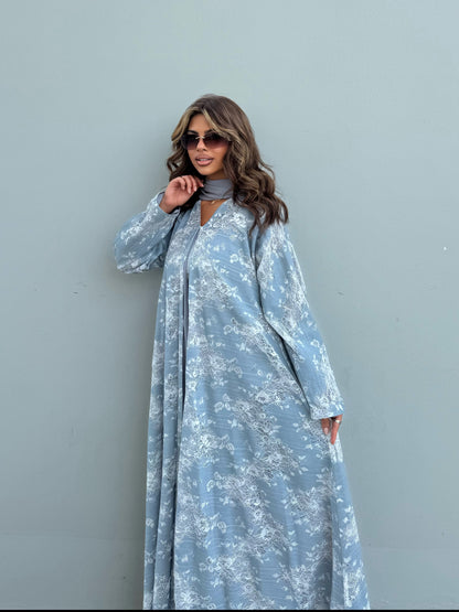FAB301- White and Blue Lace and Linen Summer A-Cut Abaya
