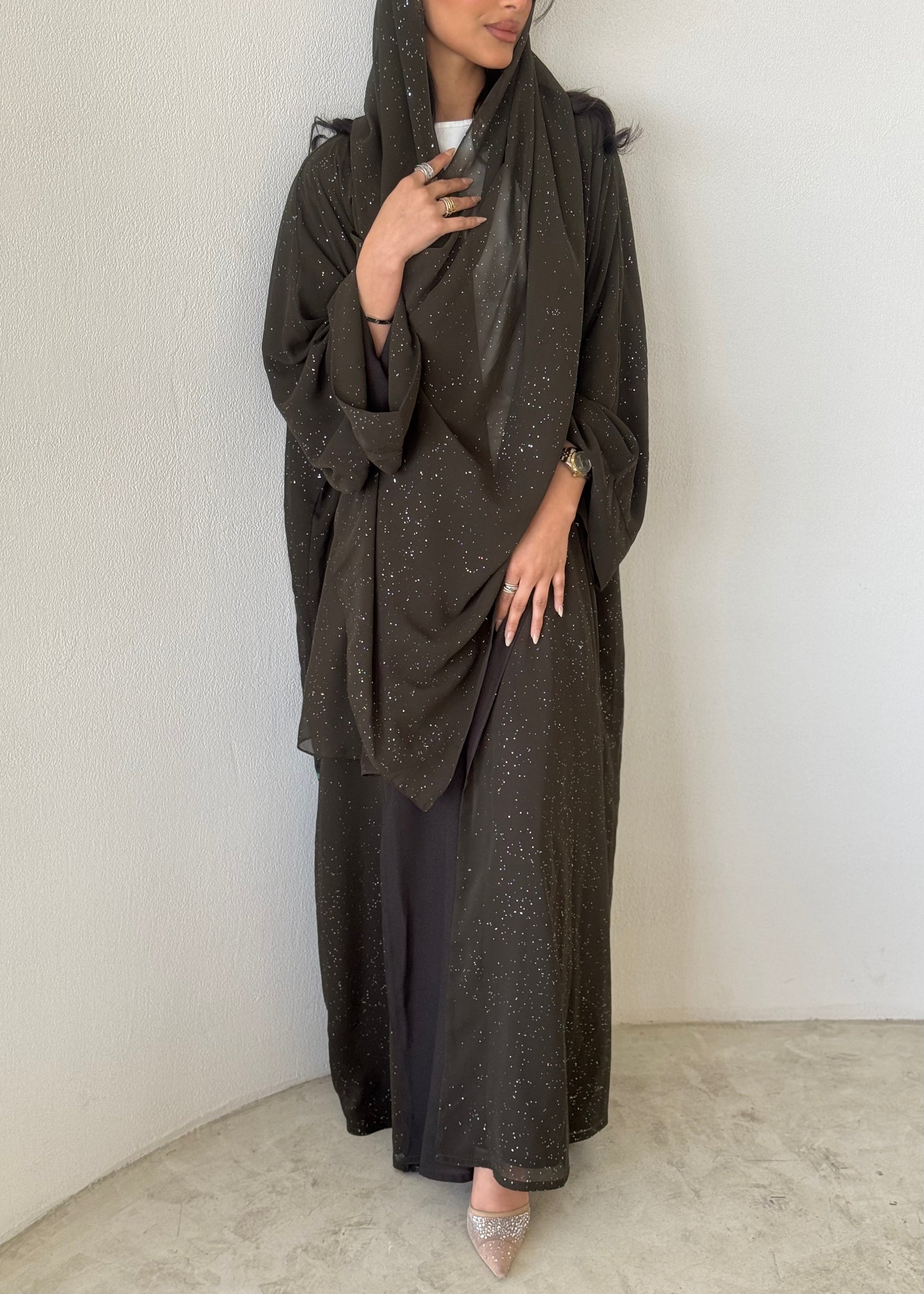 FAB183- Army Green Glitter Chiffon Abaya Set