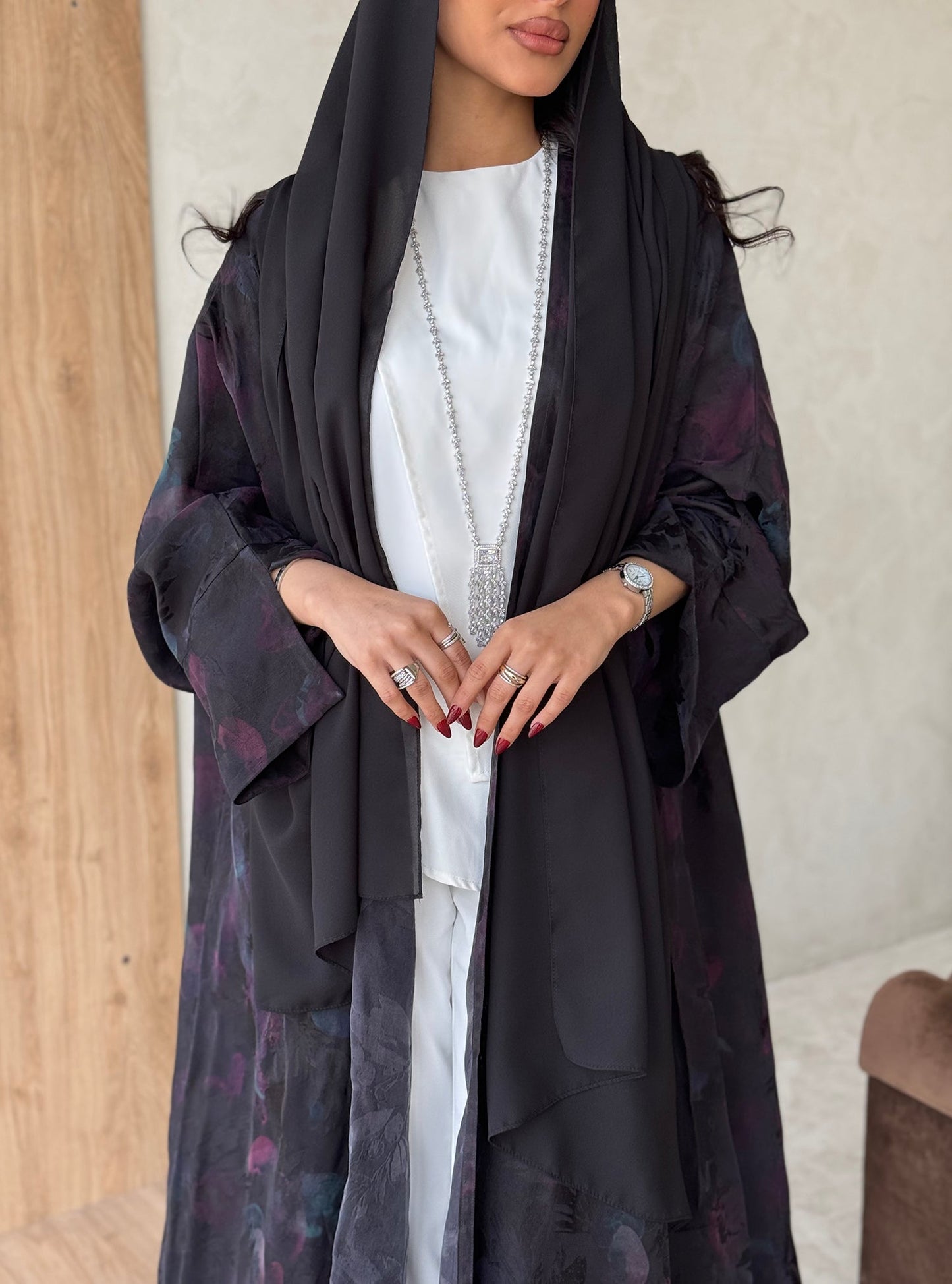FAB158-Black Rose Jacquard A-Cut Abaya