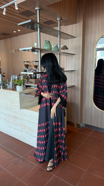FAB335-Red & Black Diamond Print Straight-Cut Abaya with Matching Headscarf