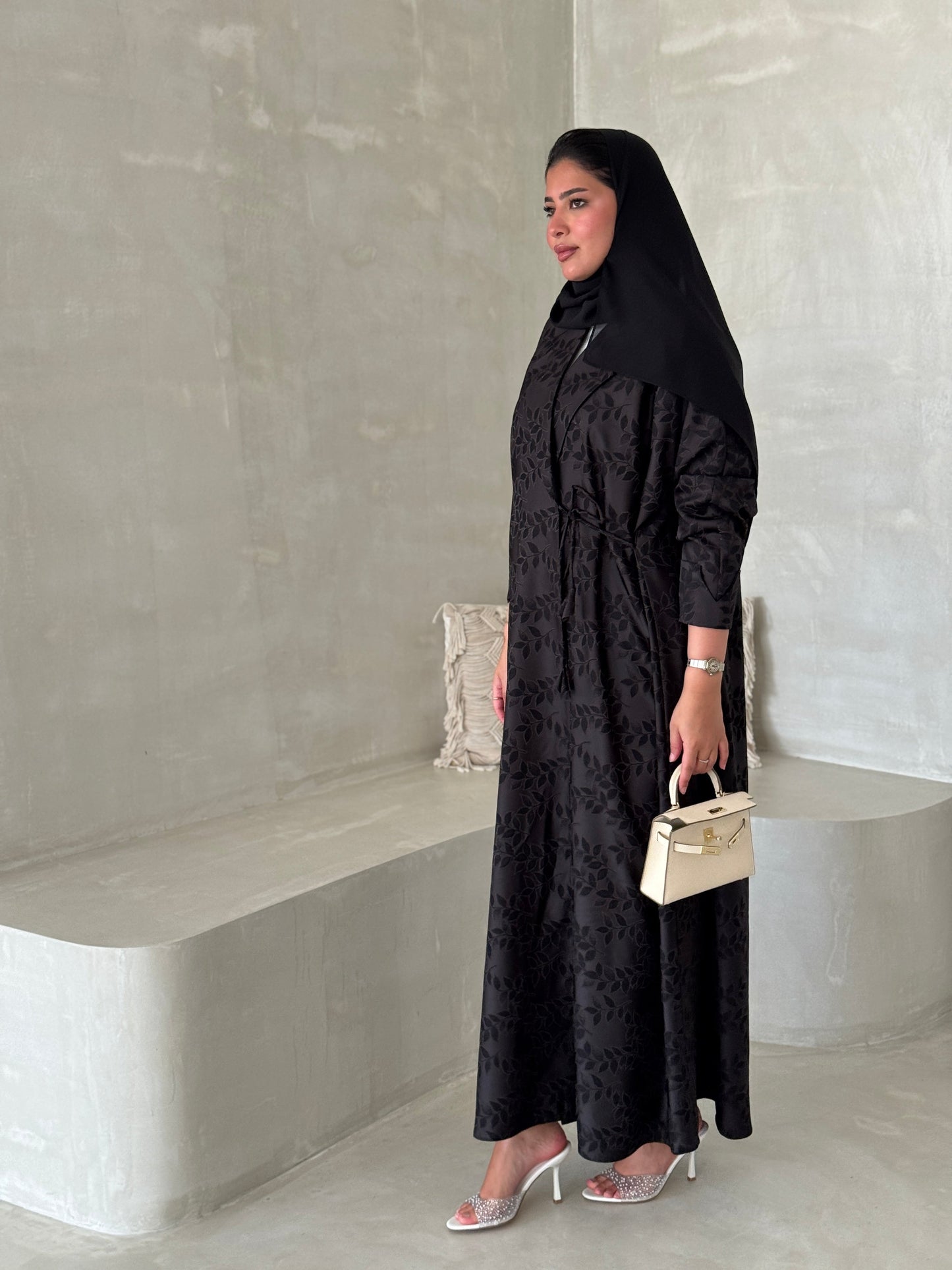 FAB198- Grey-Black Collar Blazer Cut Abaya with headscarf