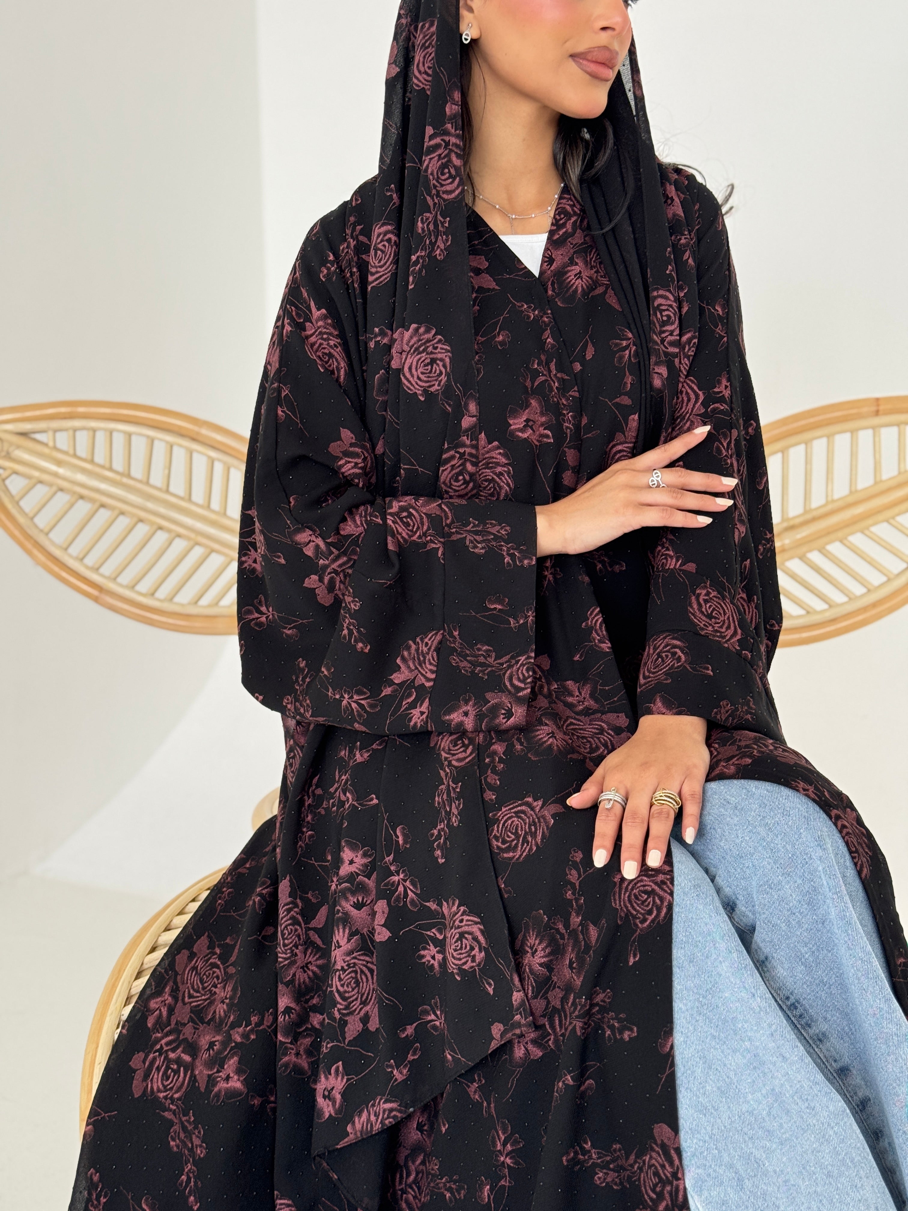 FAB202-Red Black Chiffon Pattern Summer Abaya with headscarf
