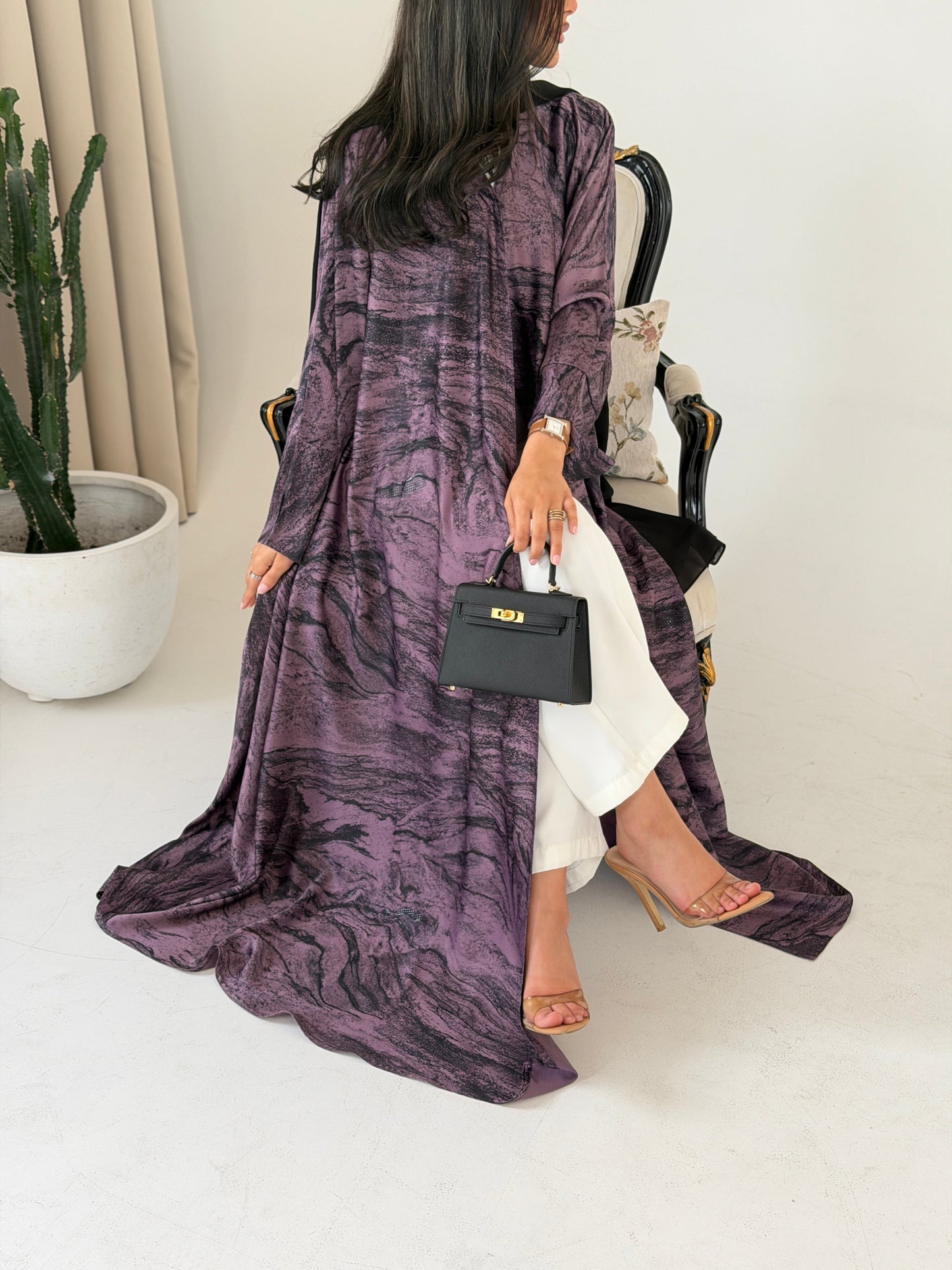 FAB287- Purple Marble Print - Crepe A-Cut Abaya with pipping headscarf