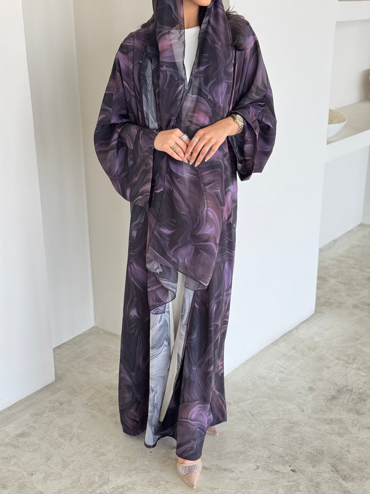 FAB171- Purple Pattern Crepe Summer Abaya with matching headscarf
