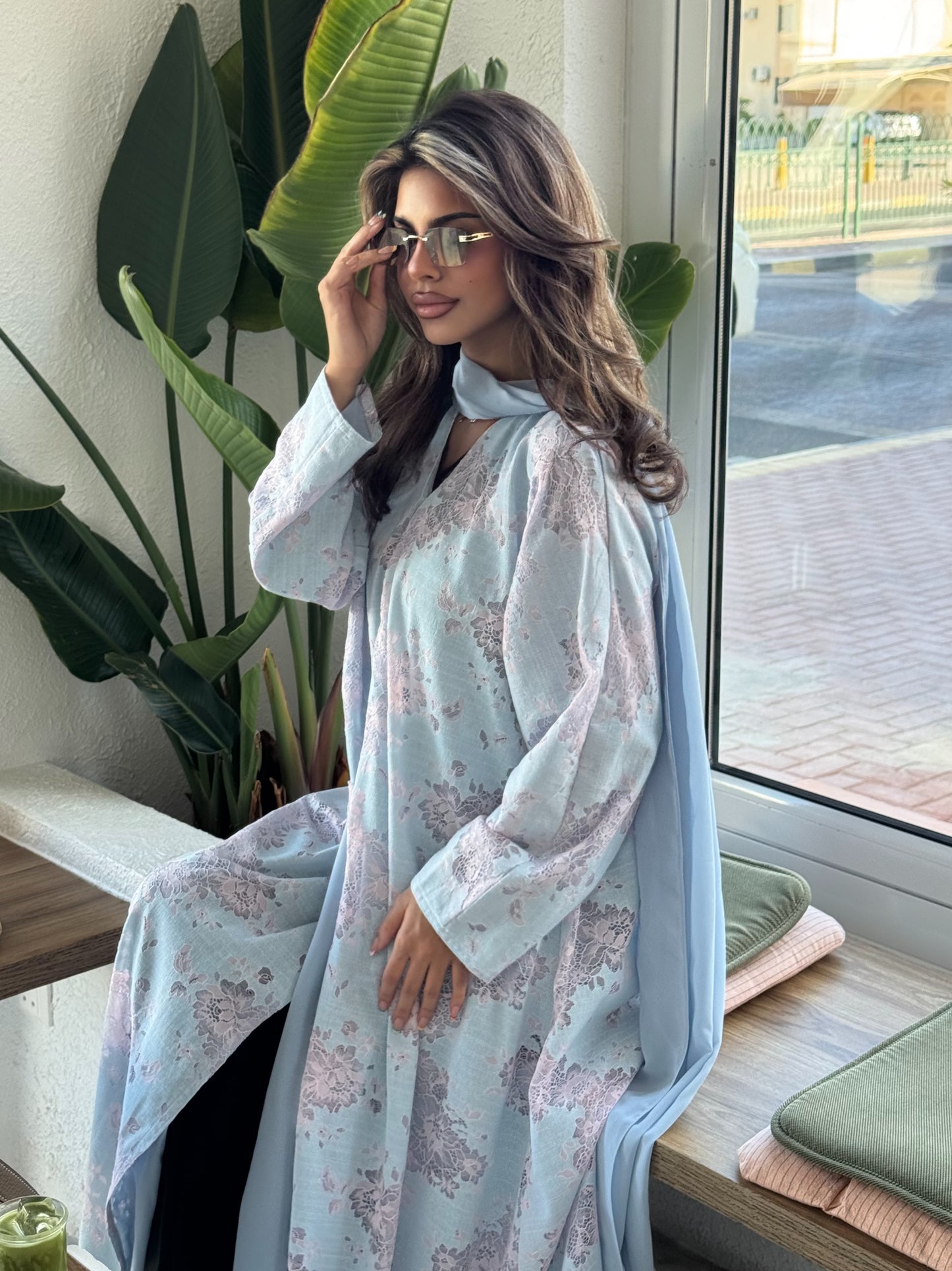 FAB299- Pink and Blue Lace and Linen Summer A-Cut Abaya