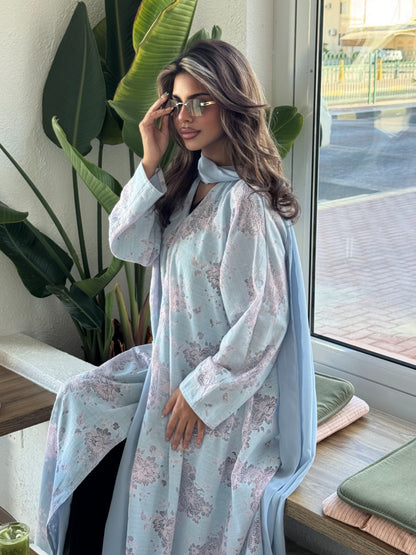 FAB299- Pink and Blue Lace and Linen Summer A-Cut Abaya