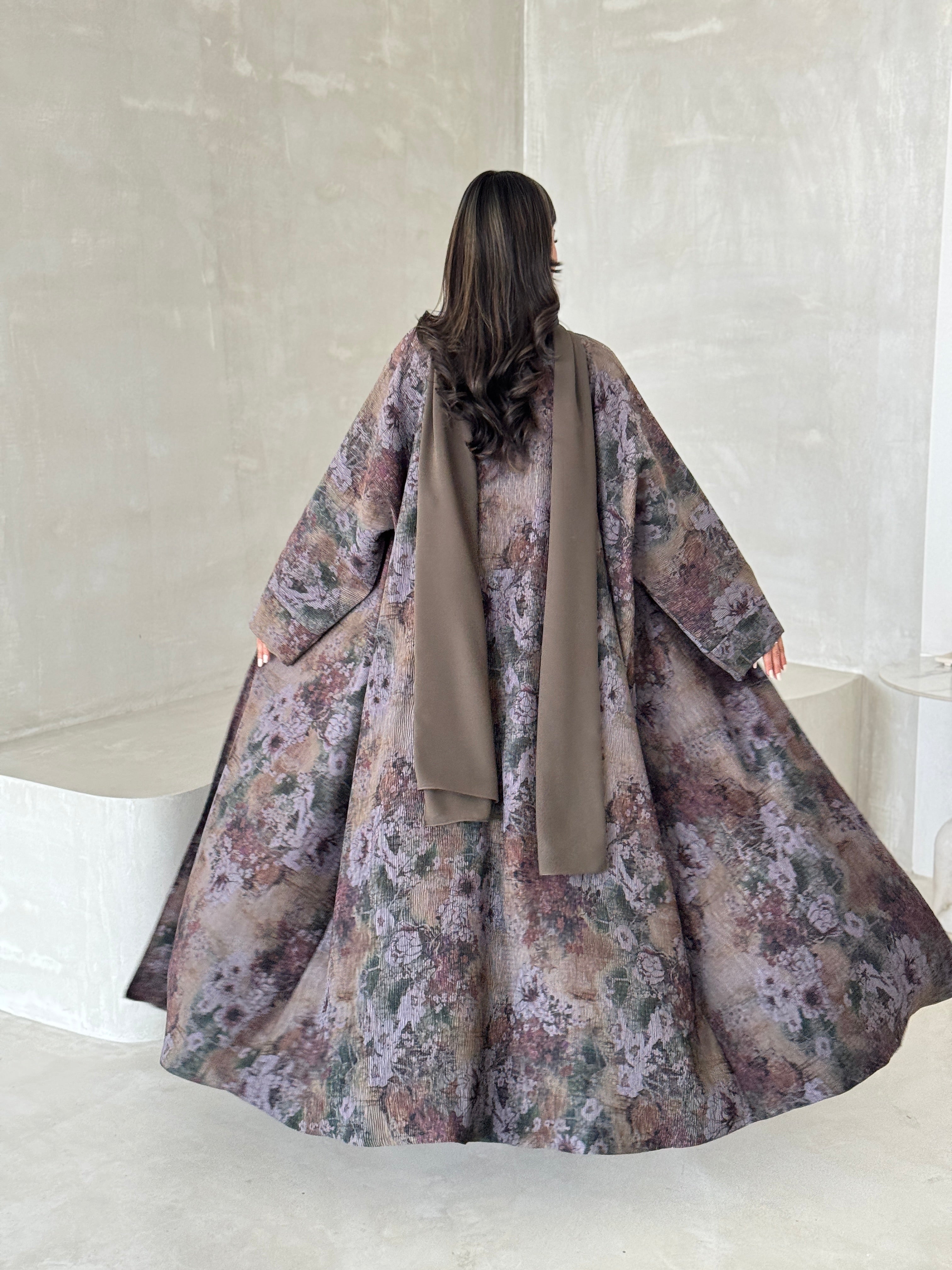 FAB201-Olive Green Grey Pleats Half-Bisht Summer Abaya with matching headscarf