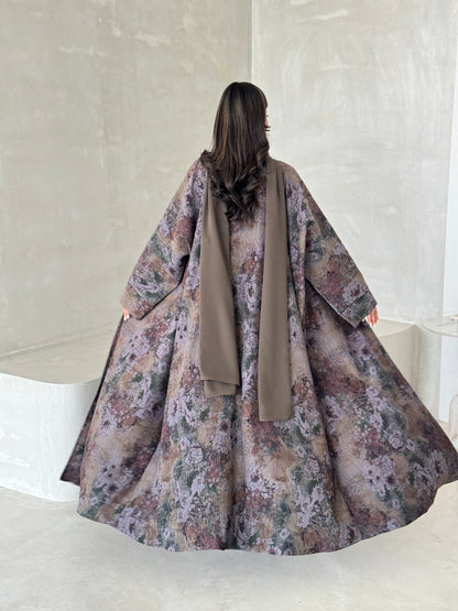 FAB201-Olive Green Grey Pleats Half-Bisht Summer Abaya with matching headscarf