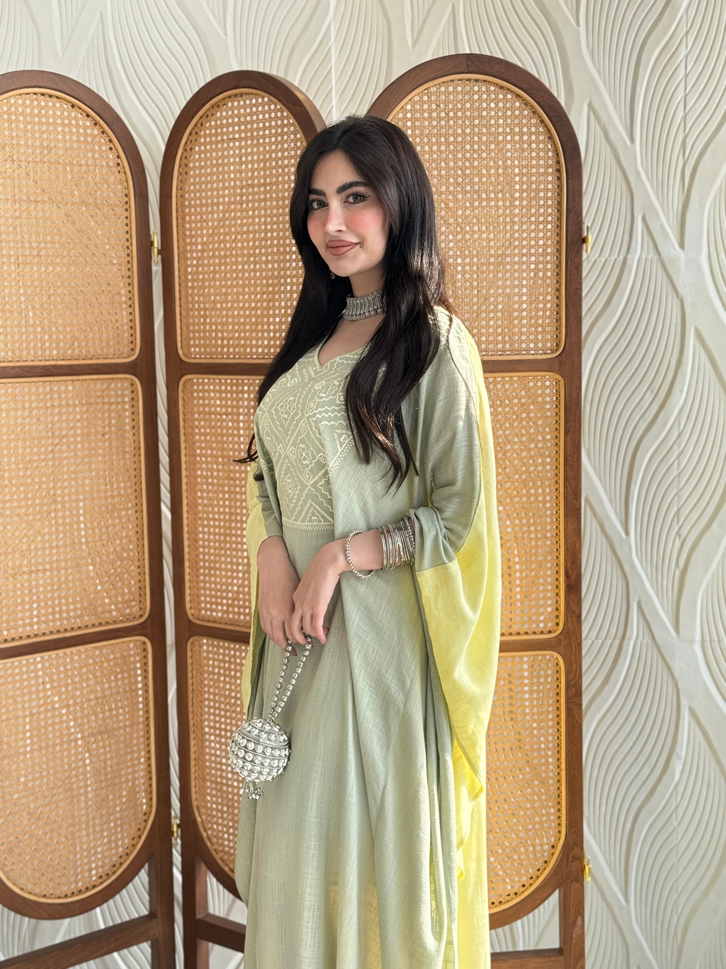 FAB254- Light Green and Yellow Two-sided embroidered Linen butterfly cut jalabiya