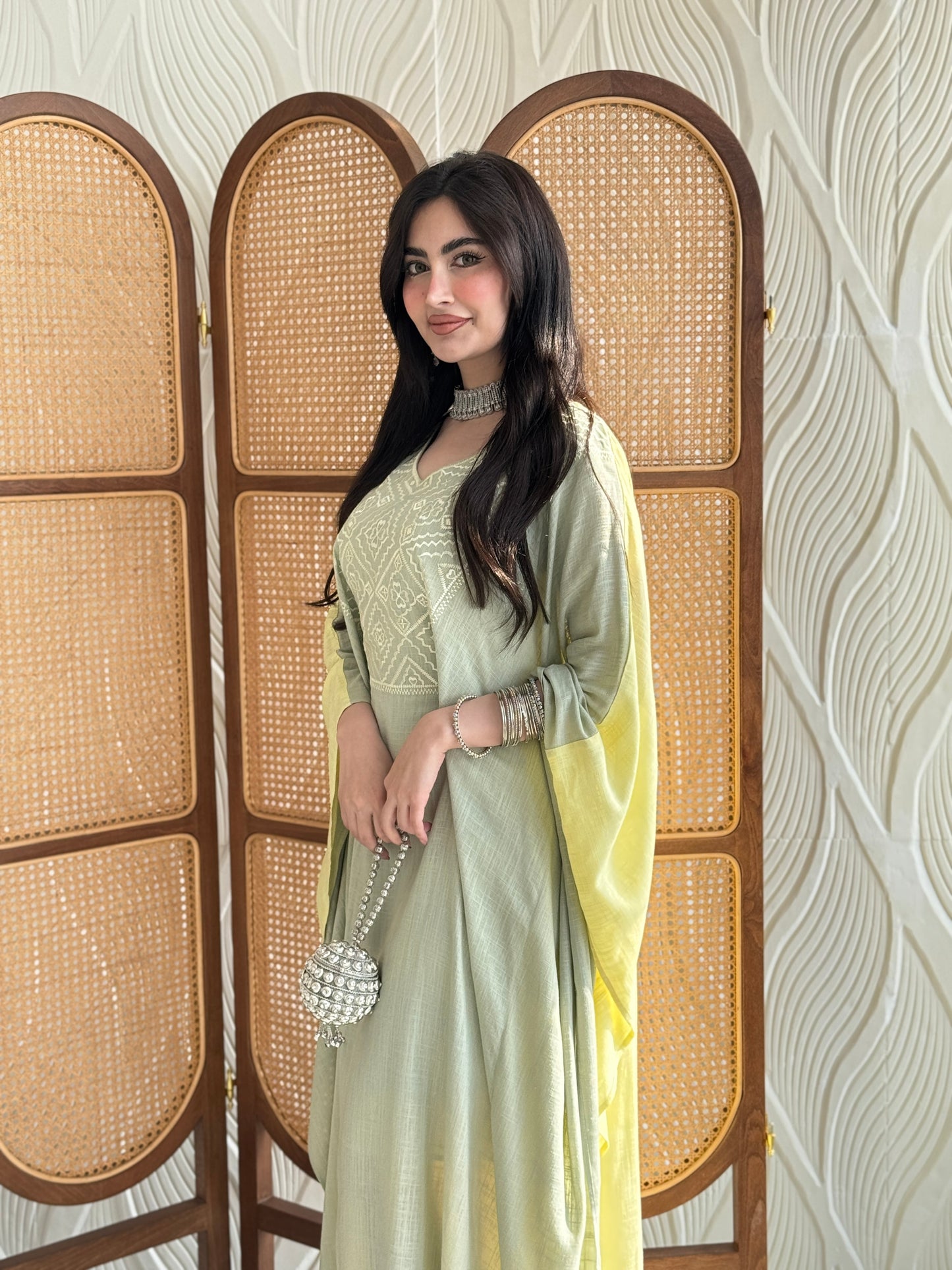 FAB254- Light Green and Yellow Two-sided embroidered Linen butterfly cut jalabiya