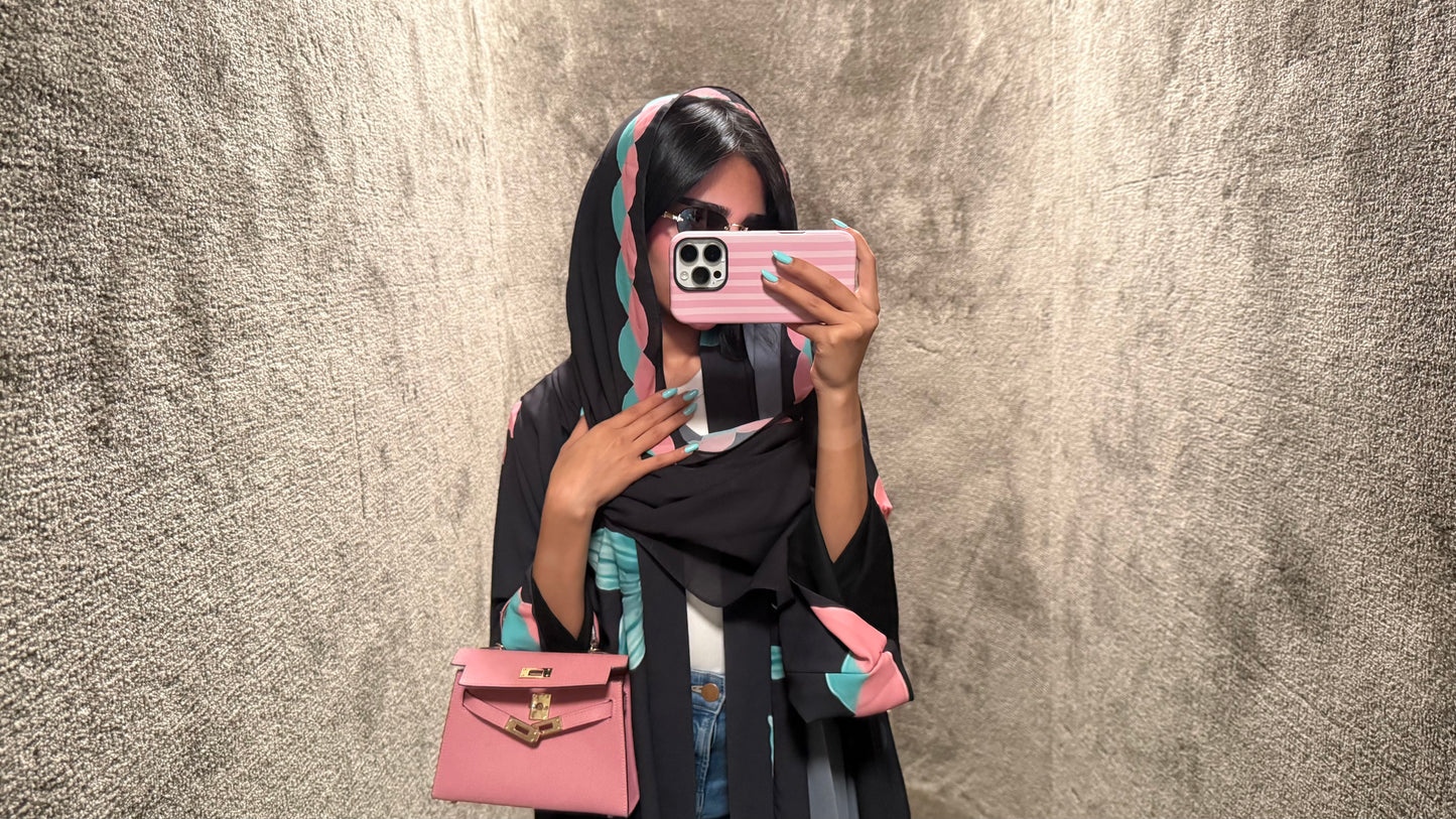 FAB324-Black Pink and Green Floral Print abaya and headscarf- Straight Cut