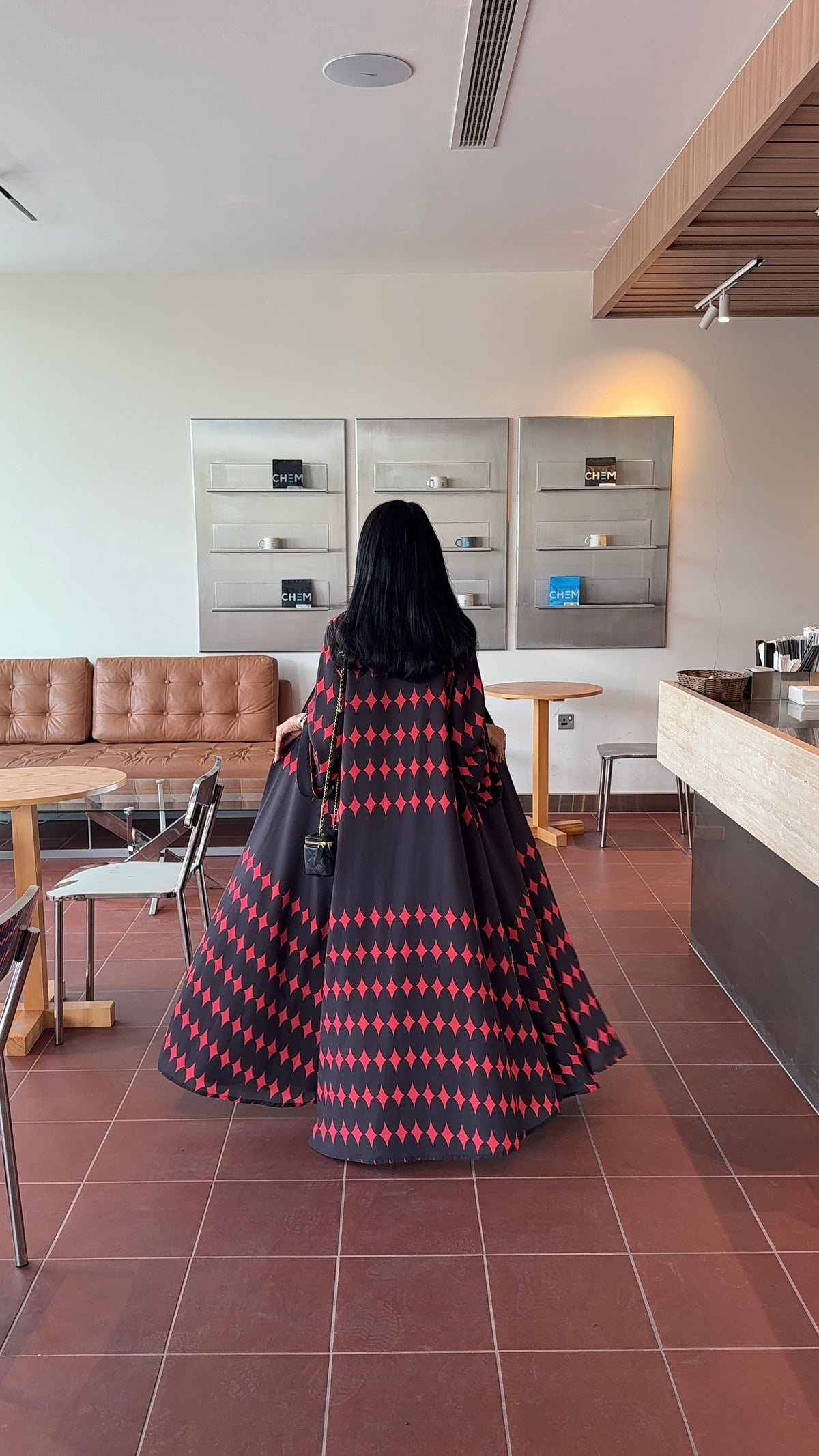 FAB335-Red & Black Diamond Print Straight-Cut Abaya with Matching Headscarf