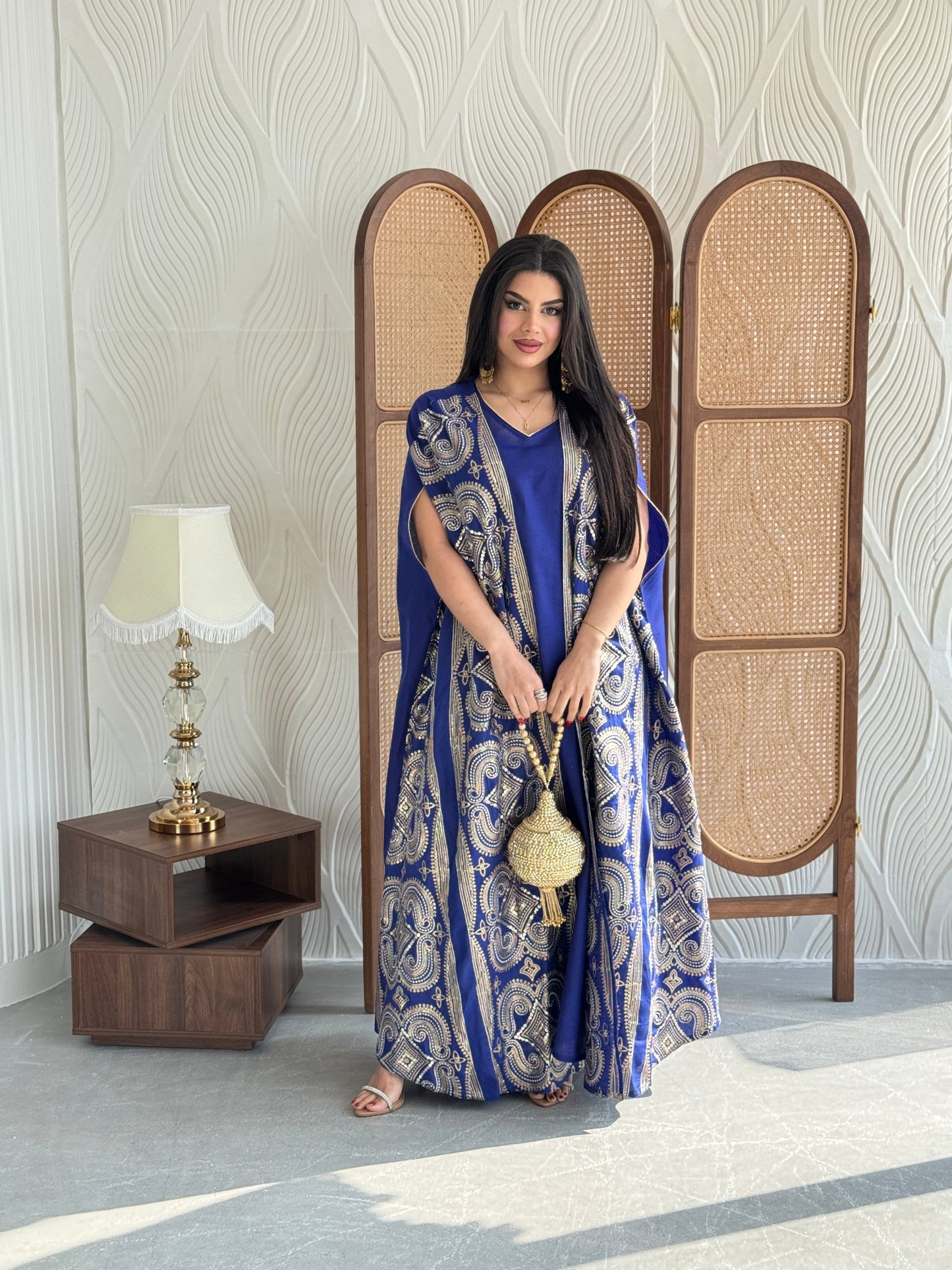 FAB275-Blue Two-Piece Linen Bisht Set, Detailed with Elegant Gold Embroidery