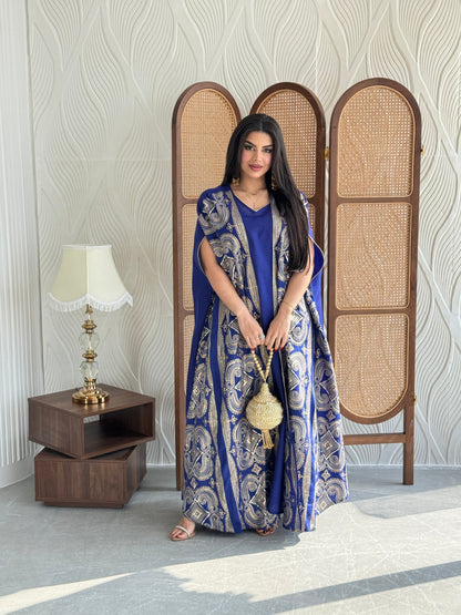 FAB275-Blue Two-Piece Linen Bisht Set, Detailed with Elegant Gold Embroidery