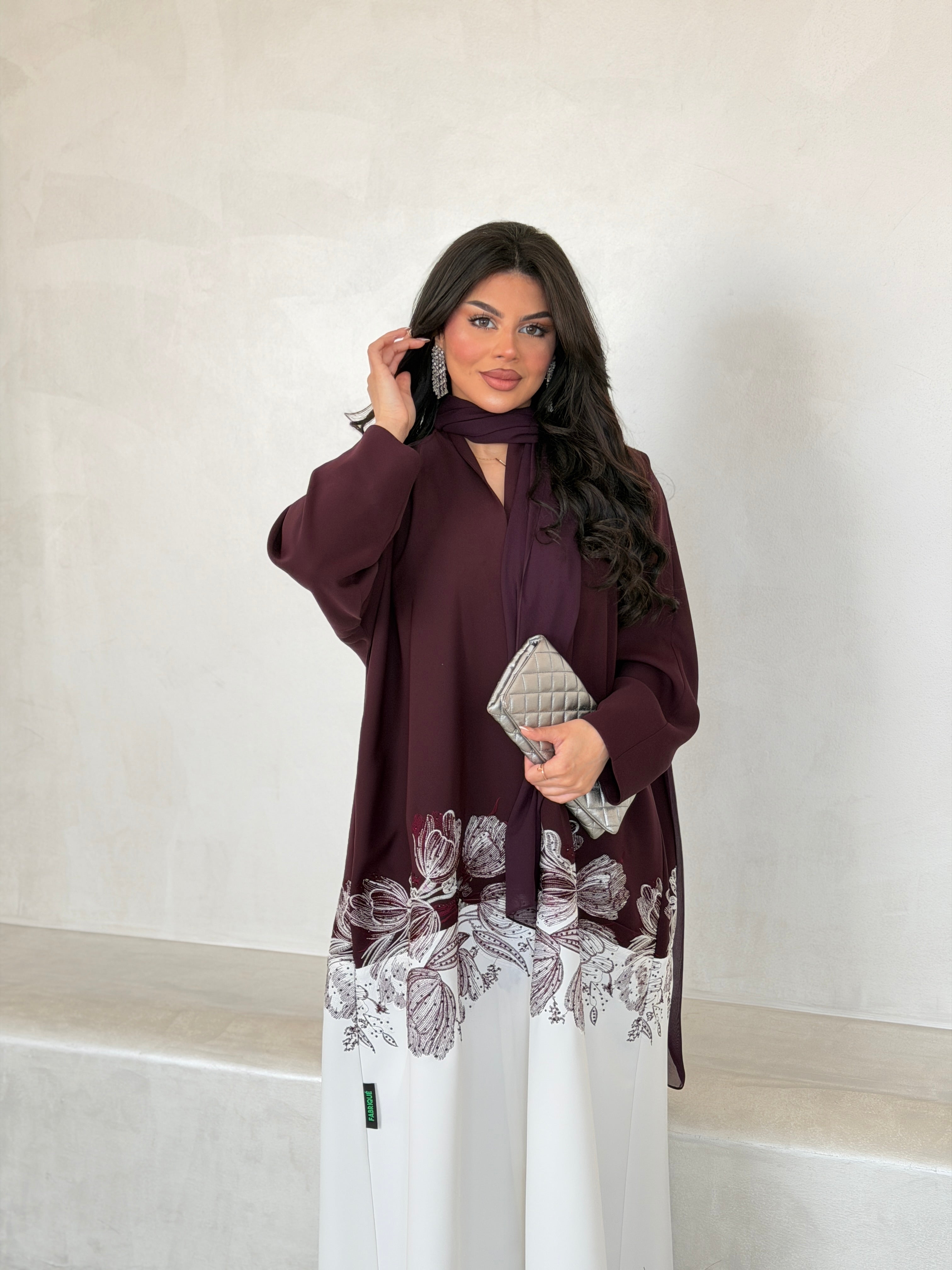 FAB293- Burgundy & White Crepe Crystal Embroidered Abaya