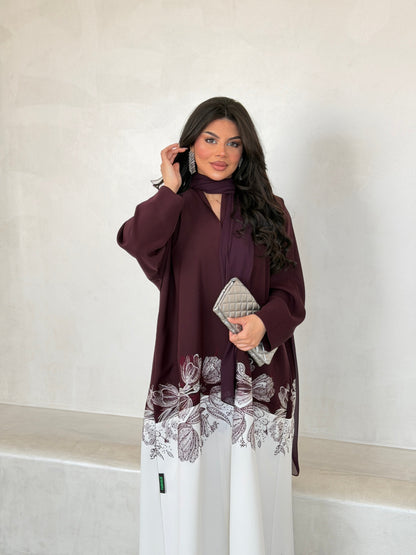 FAB293- Burgundy & White Crepe Crystal Embroidered Abaya