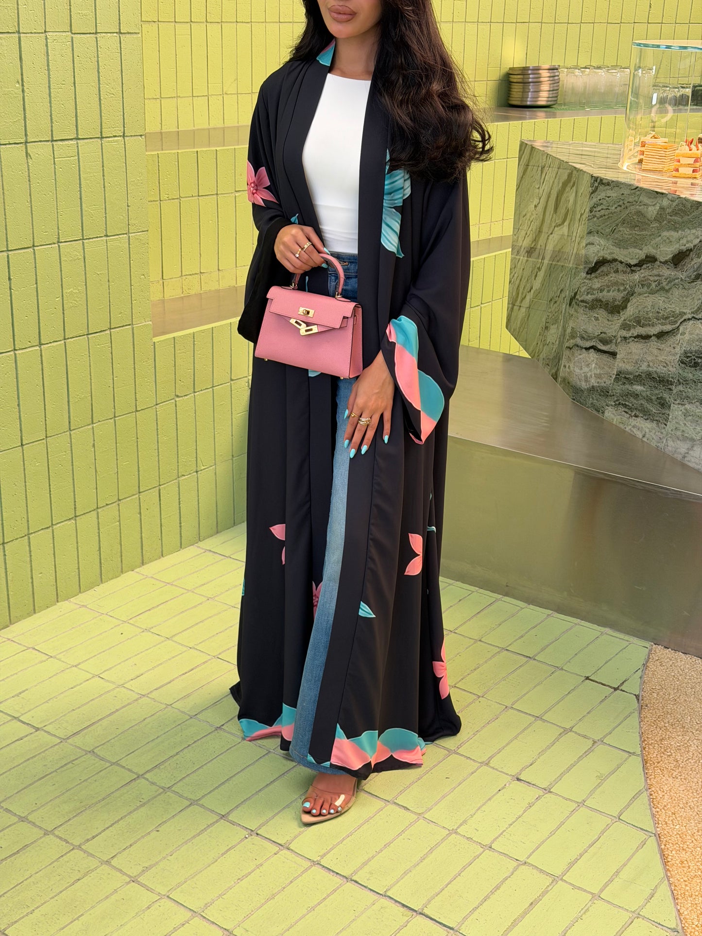 FAB324-Black Pink and Green Floral Print abaya and headscarf- Straight Cut