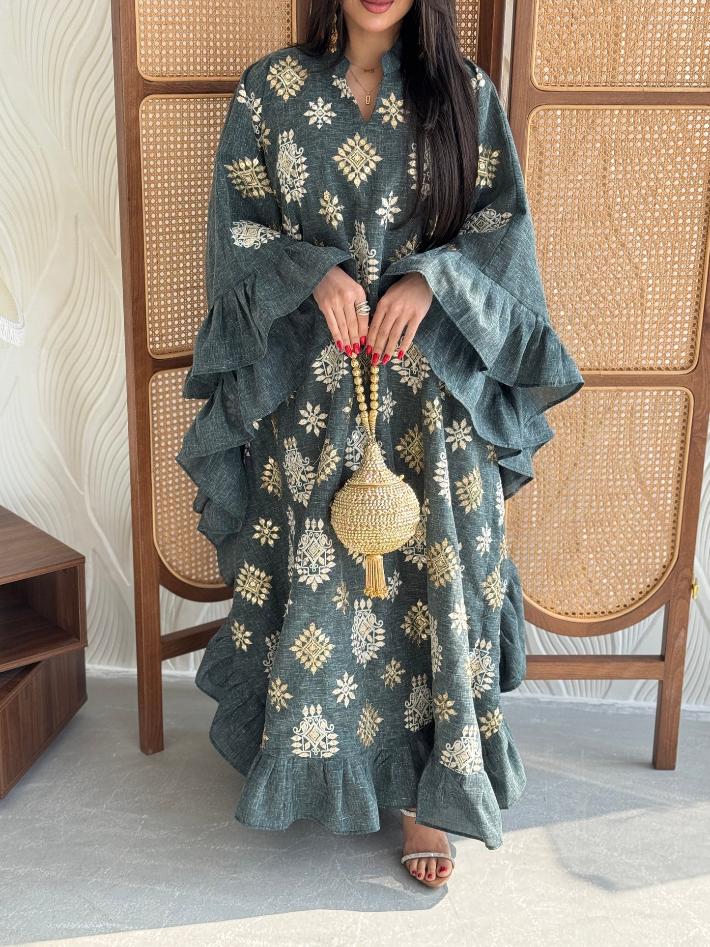 FAB272-Green Linen Embroidered Butterfly-Cut Jalabiya with Ruffled Sleeves