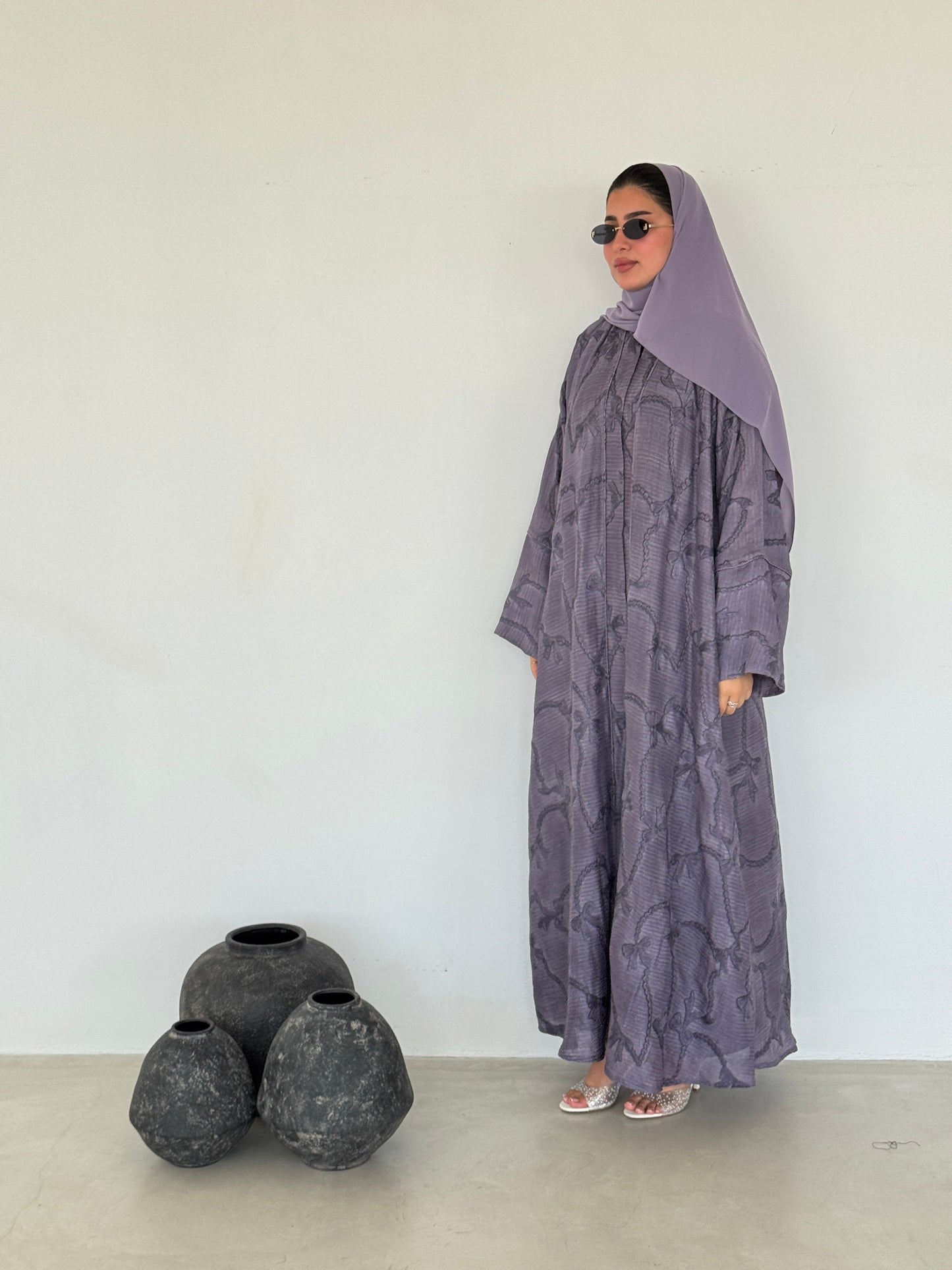 FAB219- Purple Ribbon Embroidery Linen Abaya with headscarf