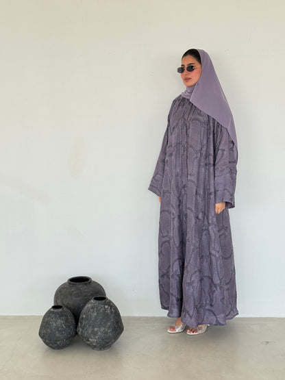 FAB219- Purple Ribbon Embroidery Linen Abaya with headscarf
