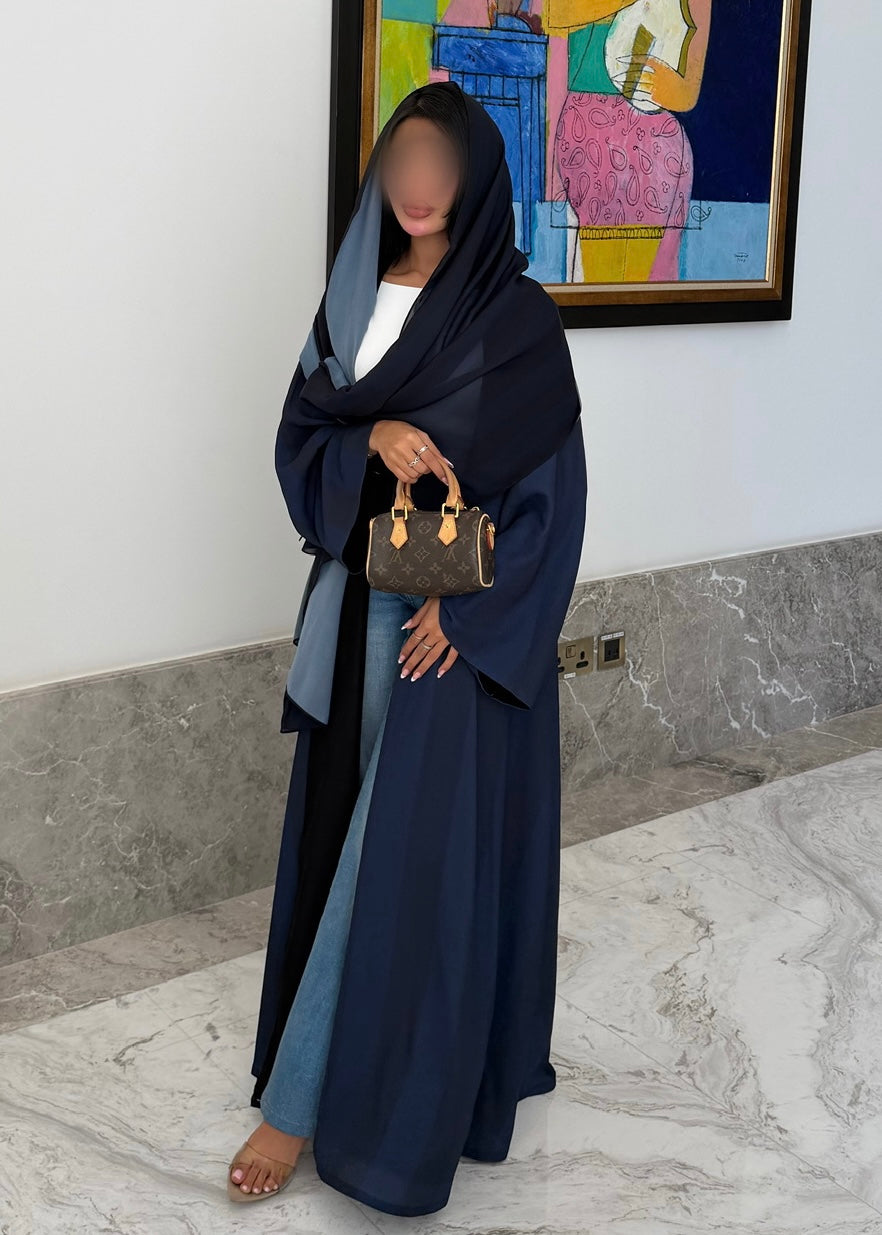 FAB330-Blue Basic Light Stripped Printed Klosh Abaya Set