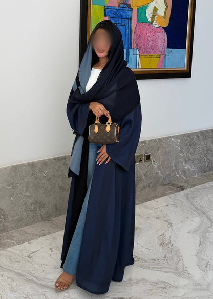 FAB330-Blue Basic Light Stripped Printed Klosh Abaya Set