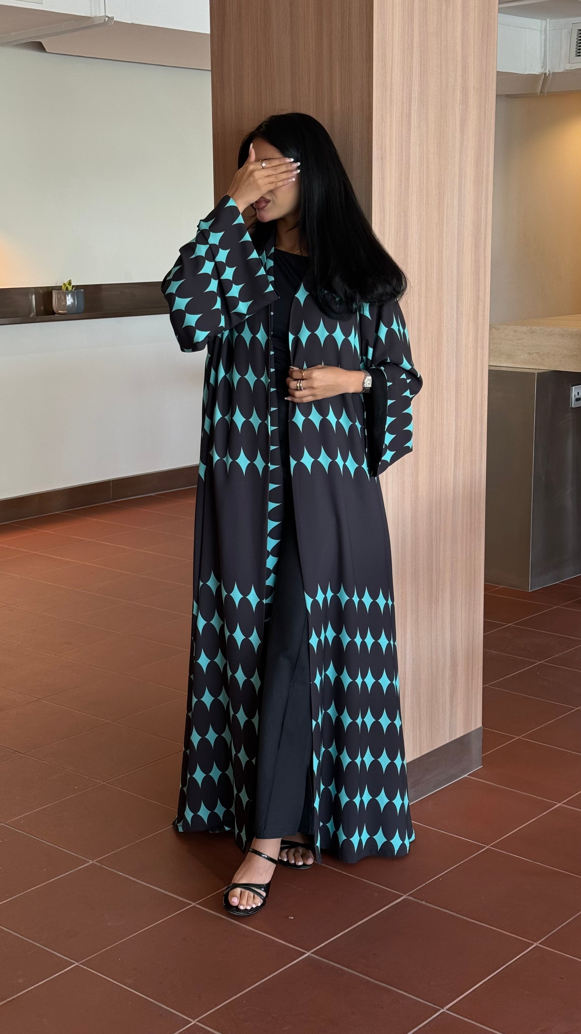 FAB333-Turquoise & Black Diamond Print Straight-Cut Abaya with Matching Headscarf