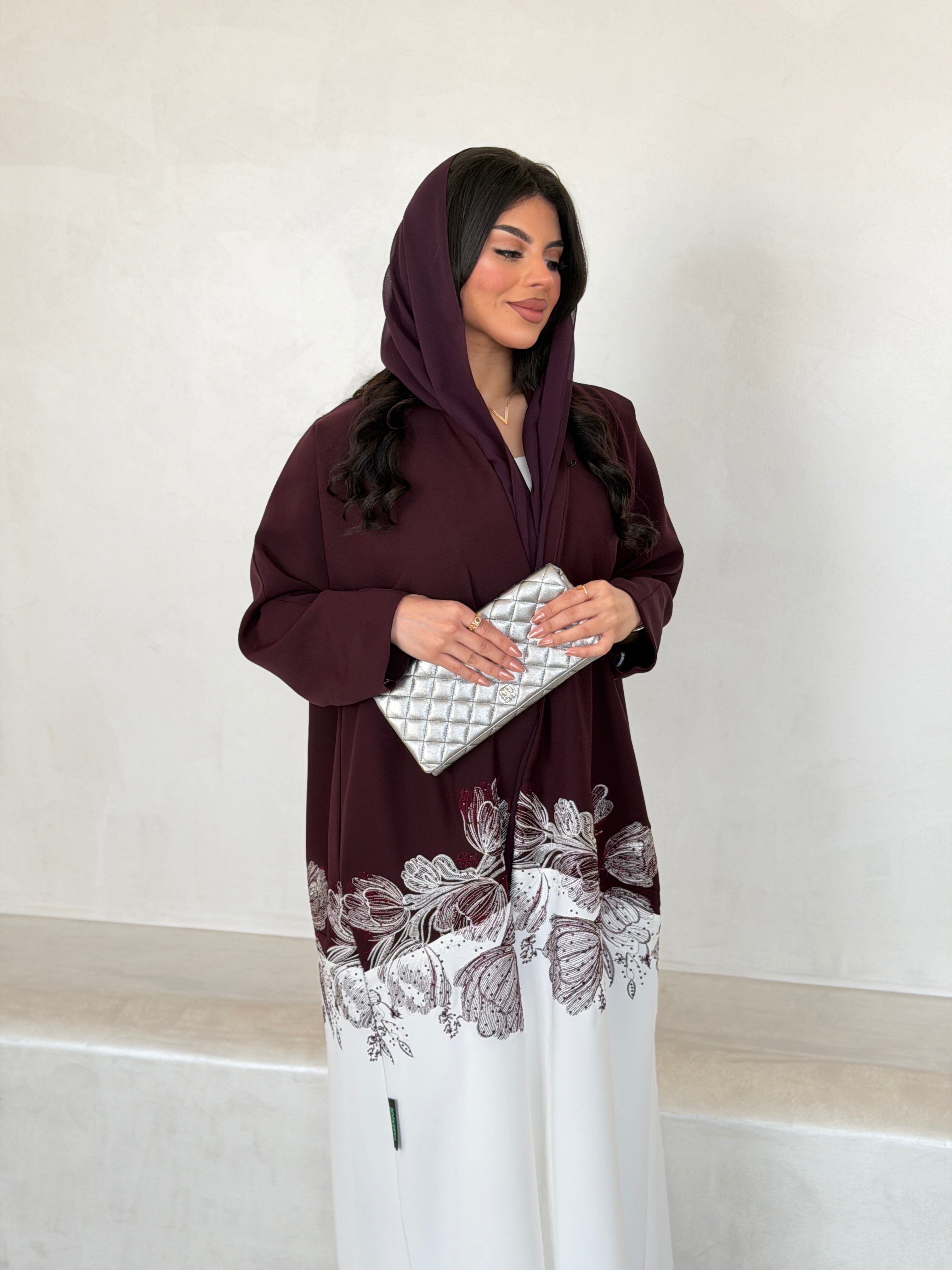 FAB293- Burgundy & White Crepe Crystal Embroidered Abaya