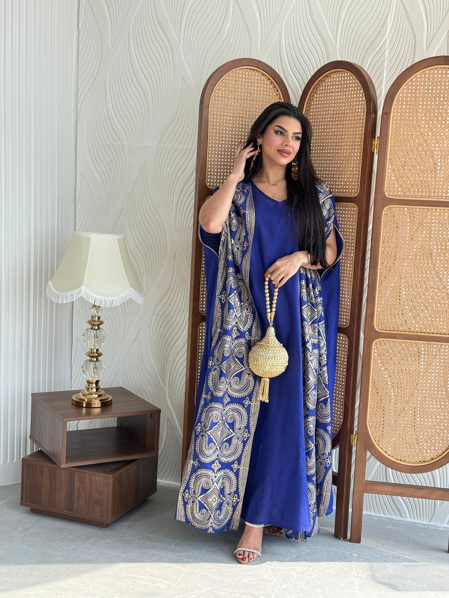 FAB275-Blue Two-Piece Linen Bisht Set, Detailed with Elegant Gold Embroidery