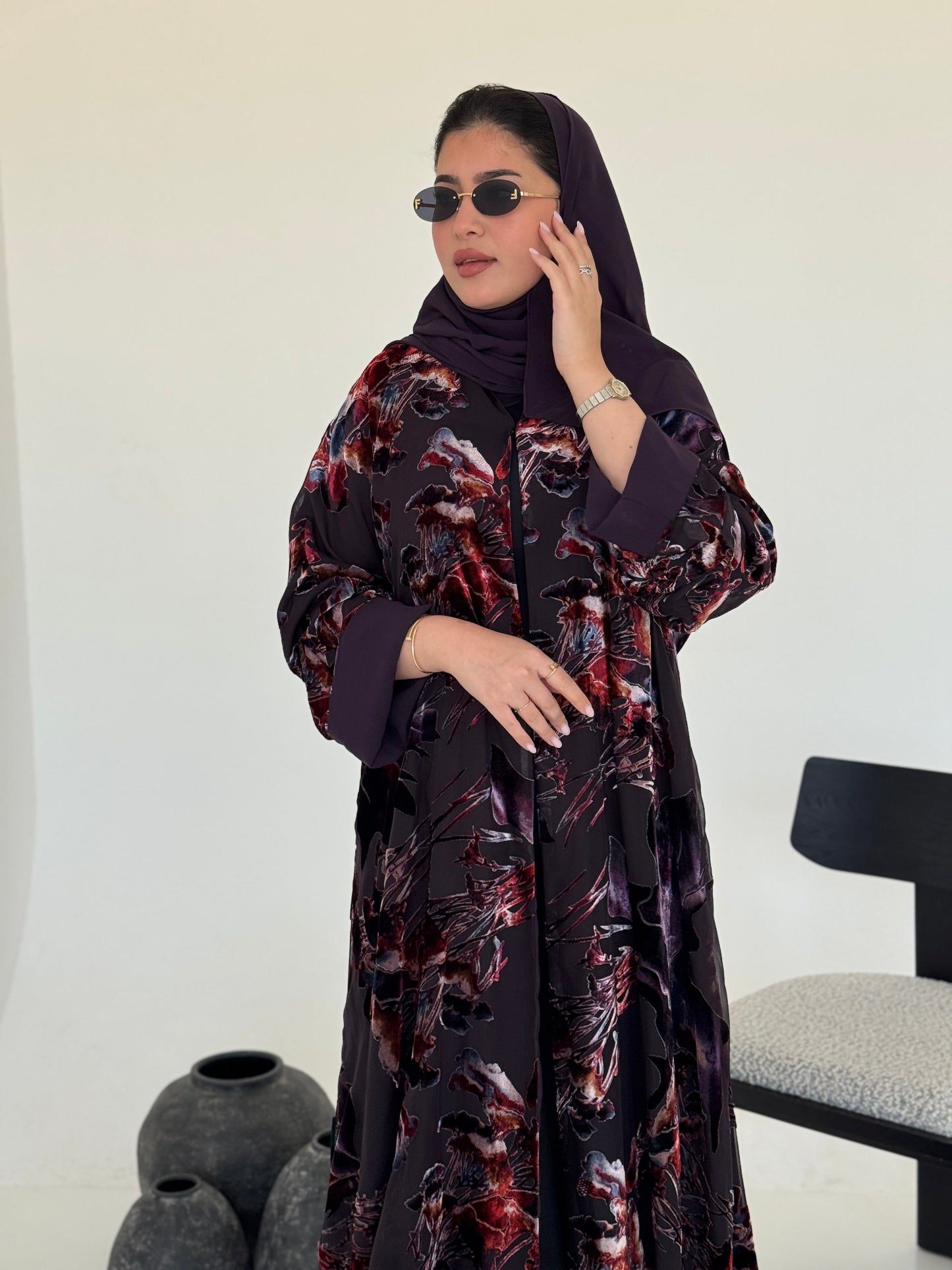 FAB231- Dark Purple Chiffon with Velvet Print Abaya with headscarf