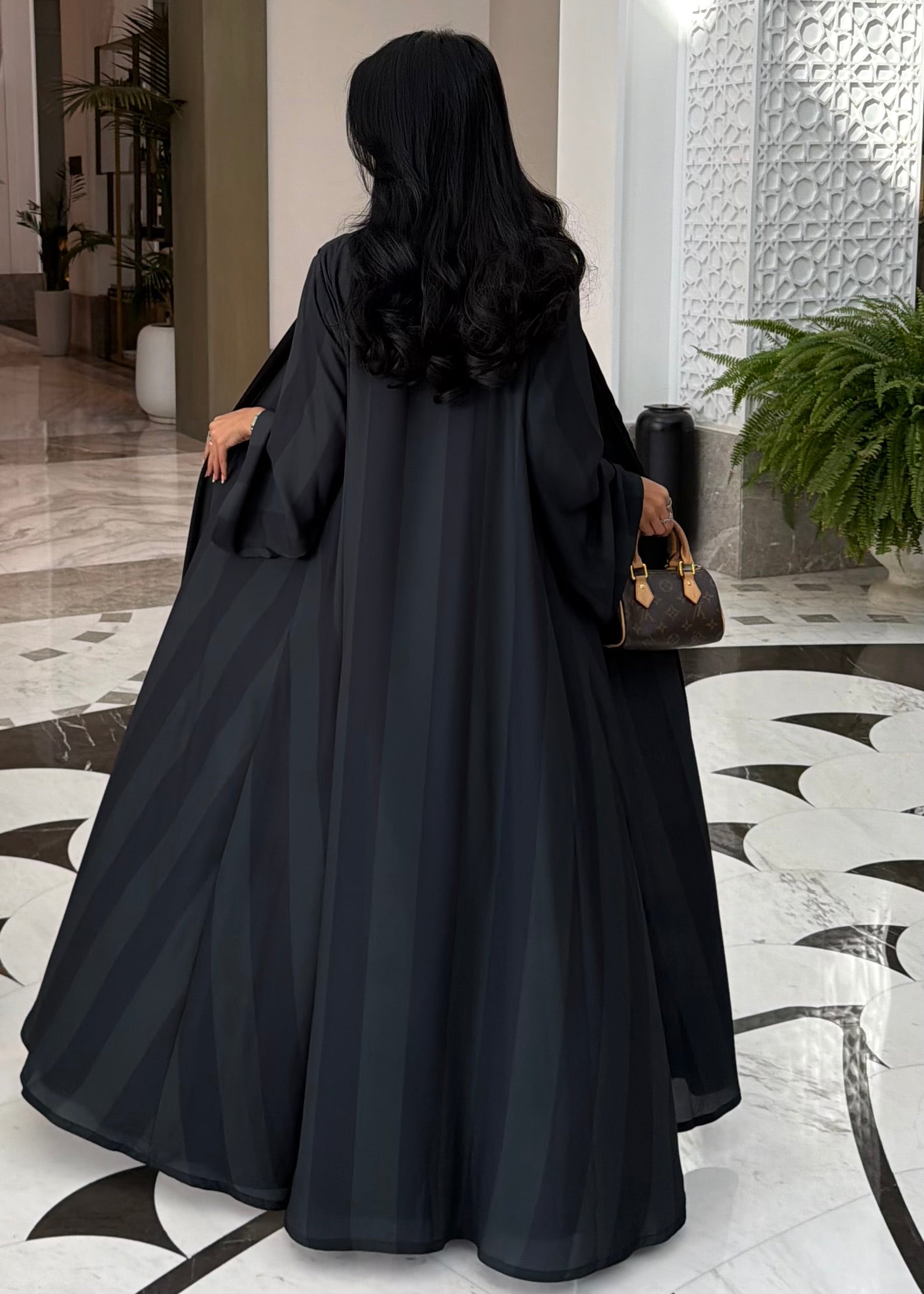 FAB331-Dark Green Basic Light Stripped Printed Klosh Abaya Set